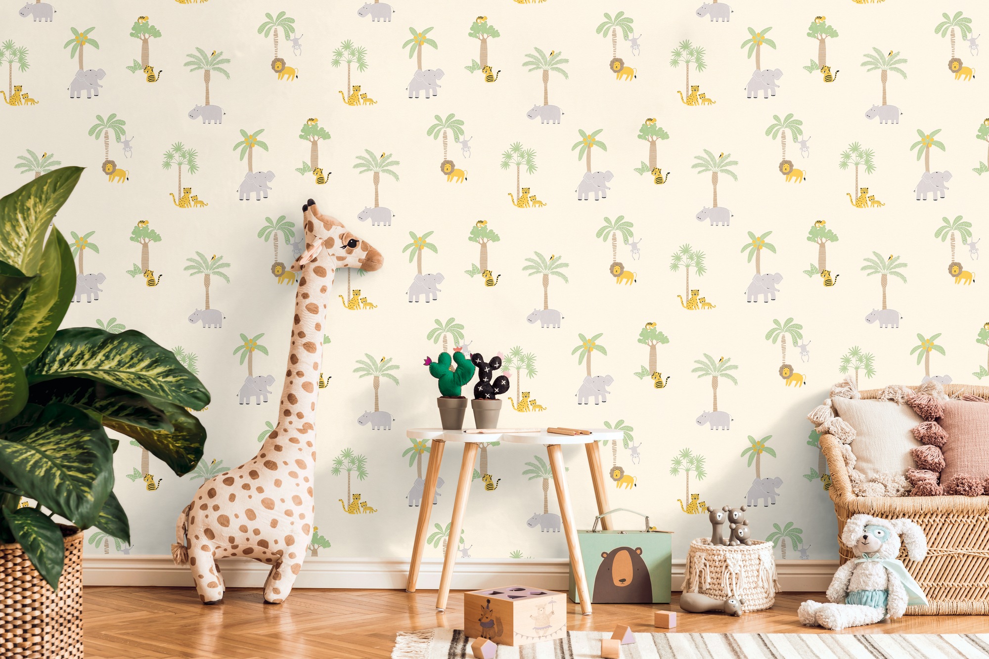 living walls Vliestapete "Kids Studio Safari – Tier Vliestapete für Kinder" Motiv grafisch naturalistisch glatt Safari-Tiere mit Elefanten, Tigern und Palmen