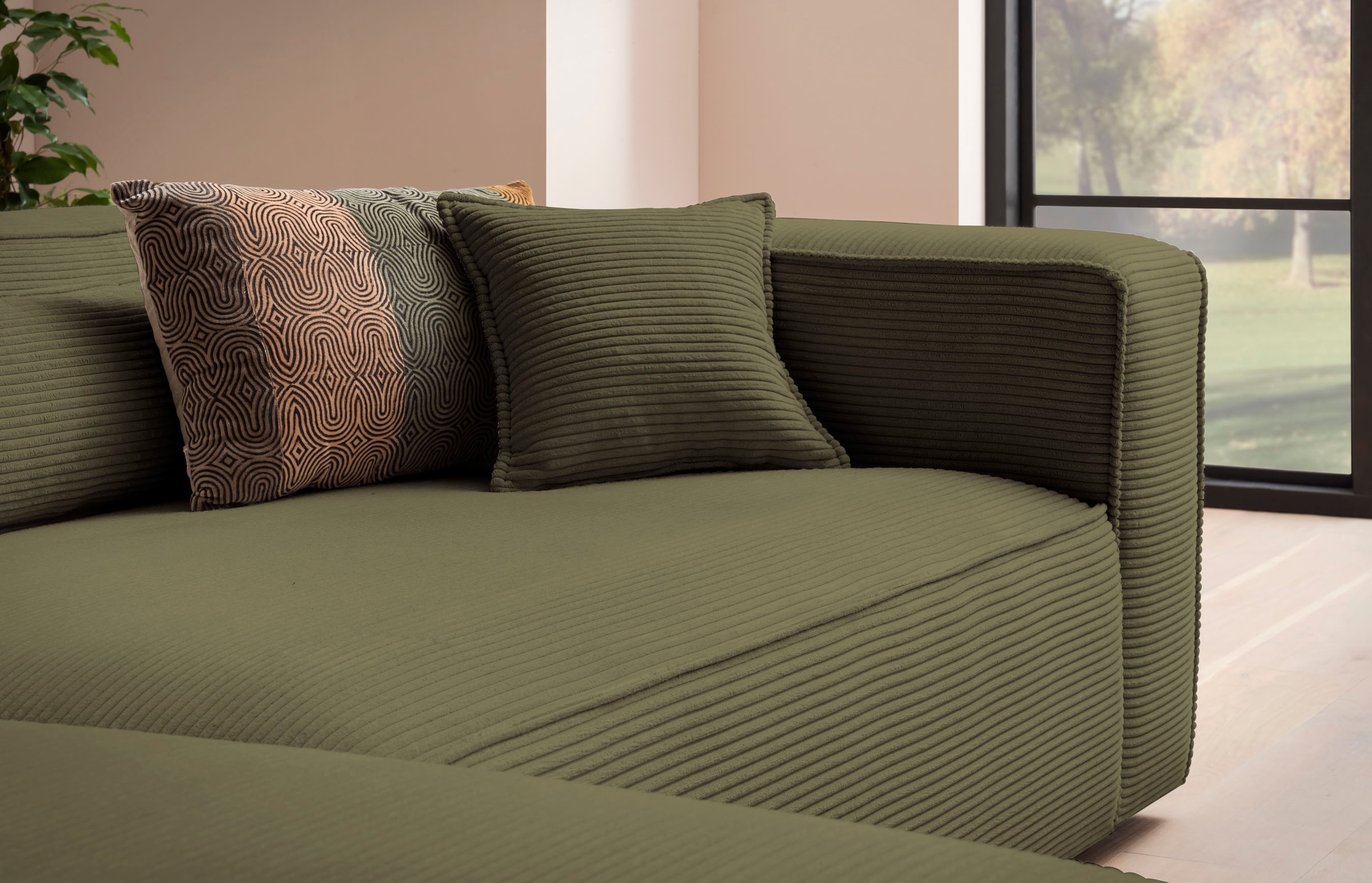 LeGer Home by Lena Gercke Polsterecke »PIARA XXL, L-Form mit Schlaffunktion, Big-Sofa in Cord o. Leinenoptik«, Hocker stellbar zum Schlafsofa (Krokodilverbinder), tiefe Sitzfläche