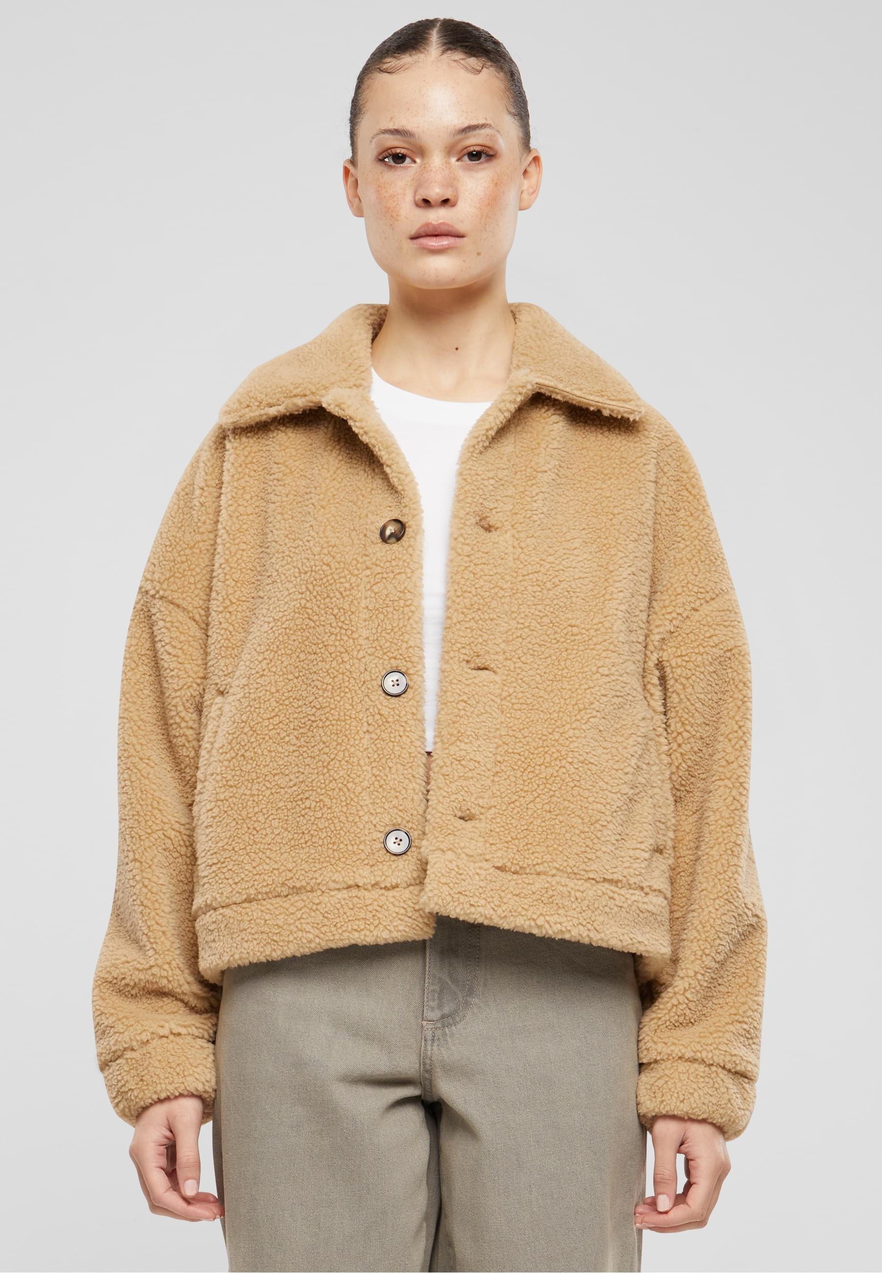 URBAN CLASSICS Allwetterjacke »Urban Classics Ladies Short Sherpa Button Jacket«, (1 St.), ohne Kapuze