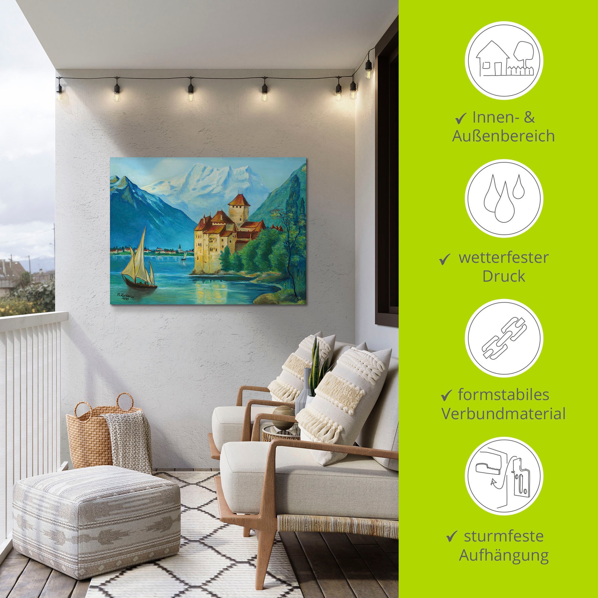 Artland Alu-Dibond-Druck »Schloss Chillon am Genfer See«, Gebäude, (1 St.), für Innen- und Außenbereich geeignet, Outdoorbild