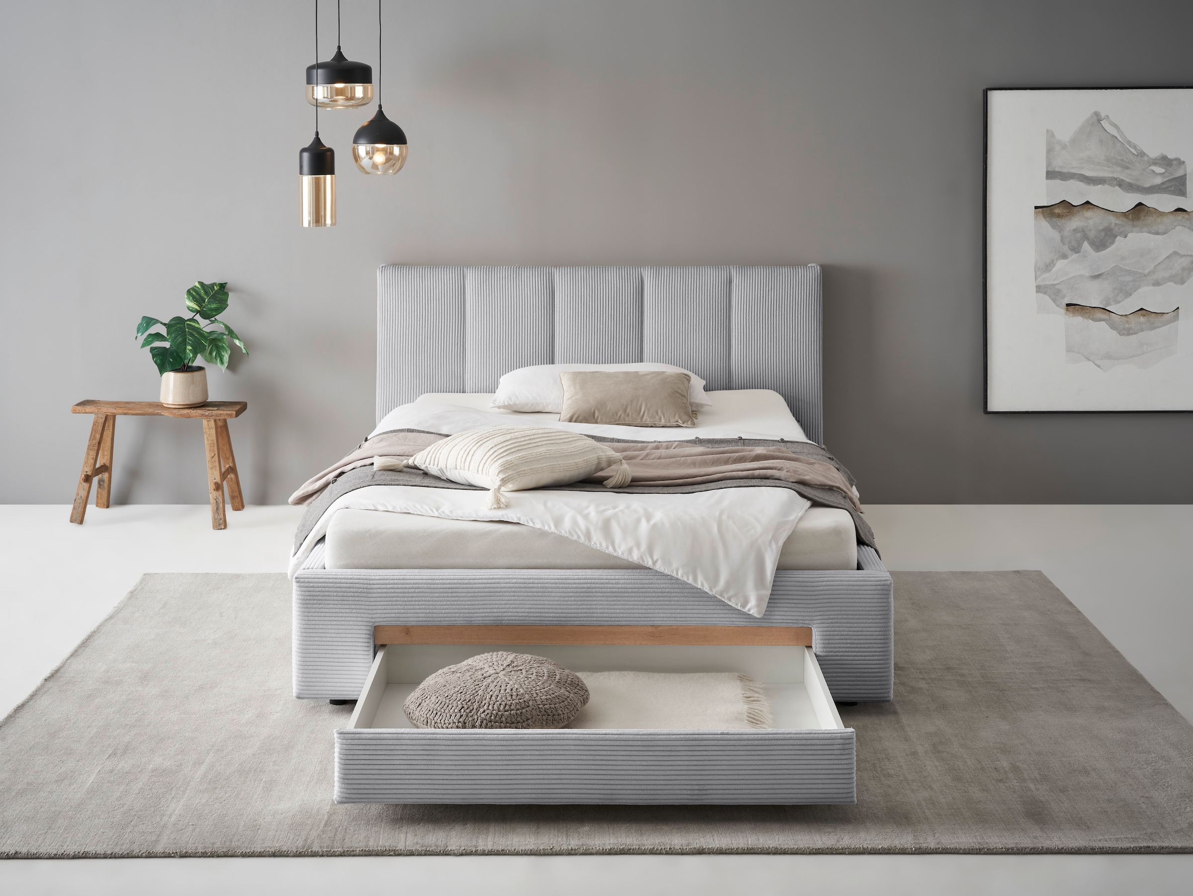 INOSIGN Polsterbett »CiTY/GiRON, Bettgestell mit Bettkasten, gepolstertes Stauraumbett«, mit Hundebett oder Stauraumschublade, Bezug Cord-oder Leinenoptik
