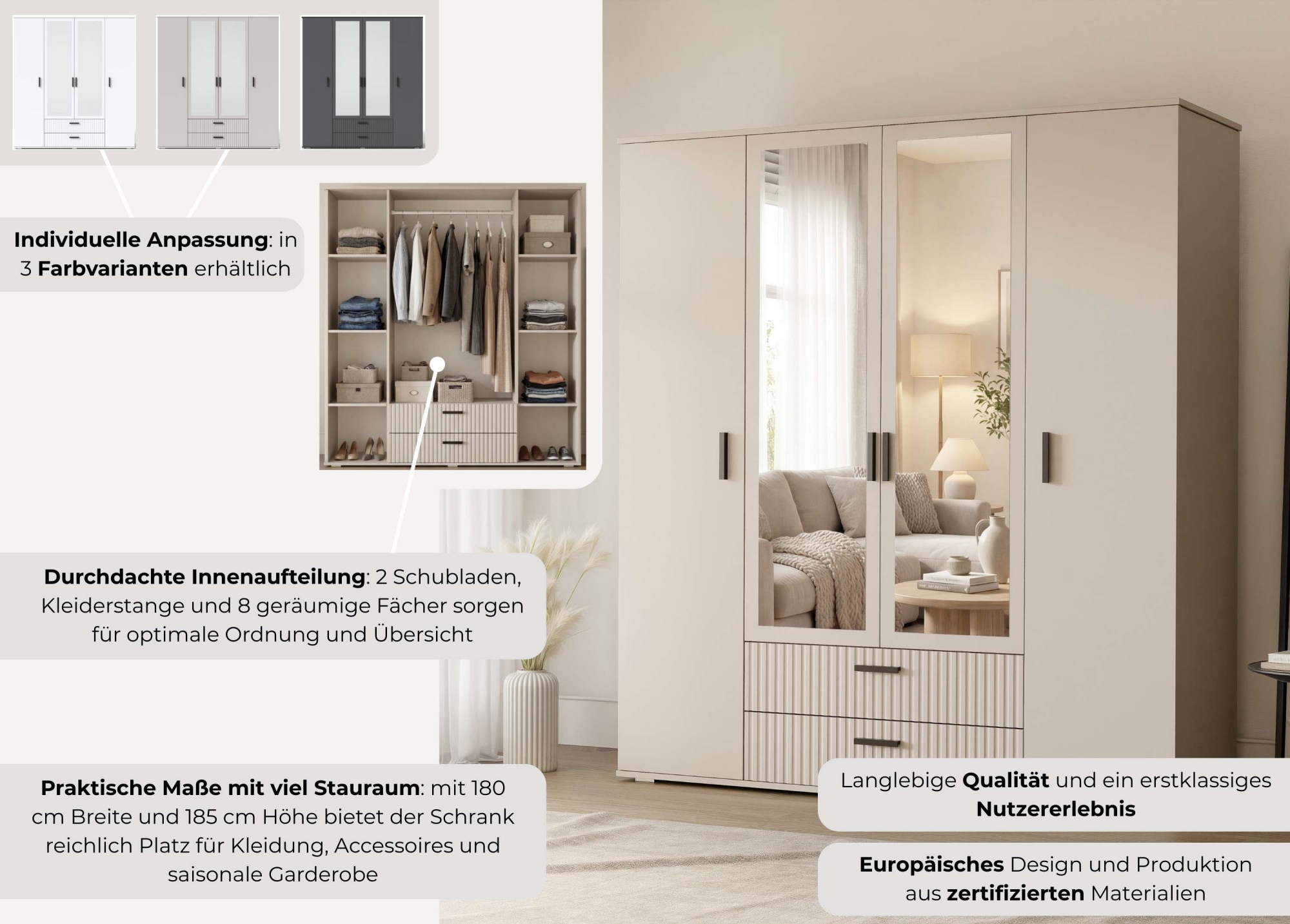 OTTO home Kleiderschrank »KOLLINE, modern mit viel Stauraum & geriffelter Struktur« H/B/T ca. 190/180/52cm,  Garderobe 4 Fächer, Kleiderstange, 2 Schubladen, 2 Spiegel