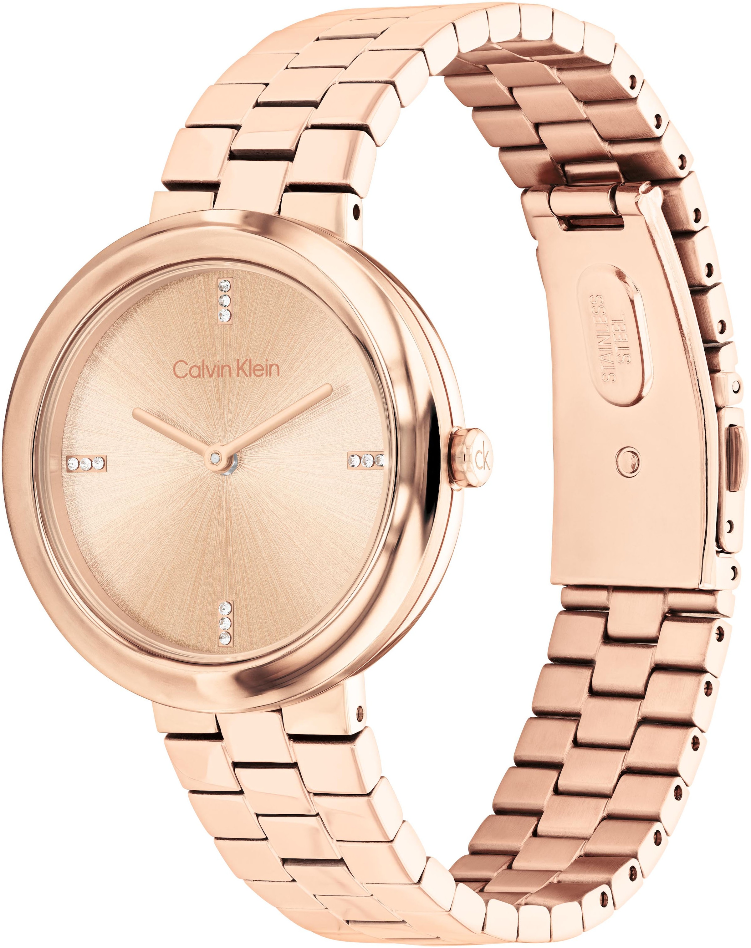 Calvin Klein Quarzuhr »Twisted Bezel«, Armbanduhr, Damenuhr, Edelstahlarmband, analog, Glassteine