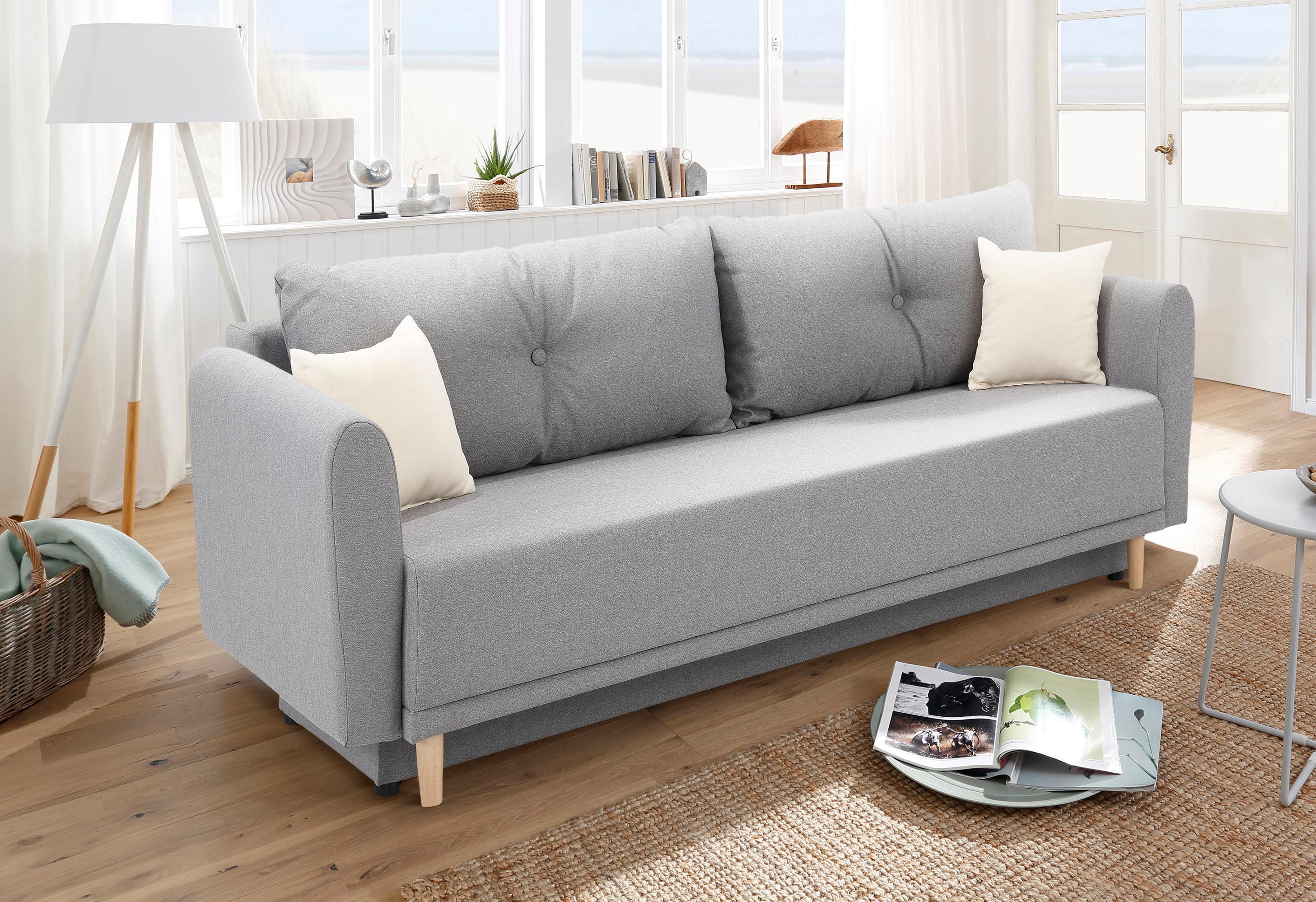 Home affaire Schlafsofa "Scandic, B: 219 cm, Liegel. 137x195 cm" Schlaffunktion, Bettkasten & 2 Zierkissen, Federkern