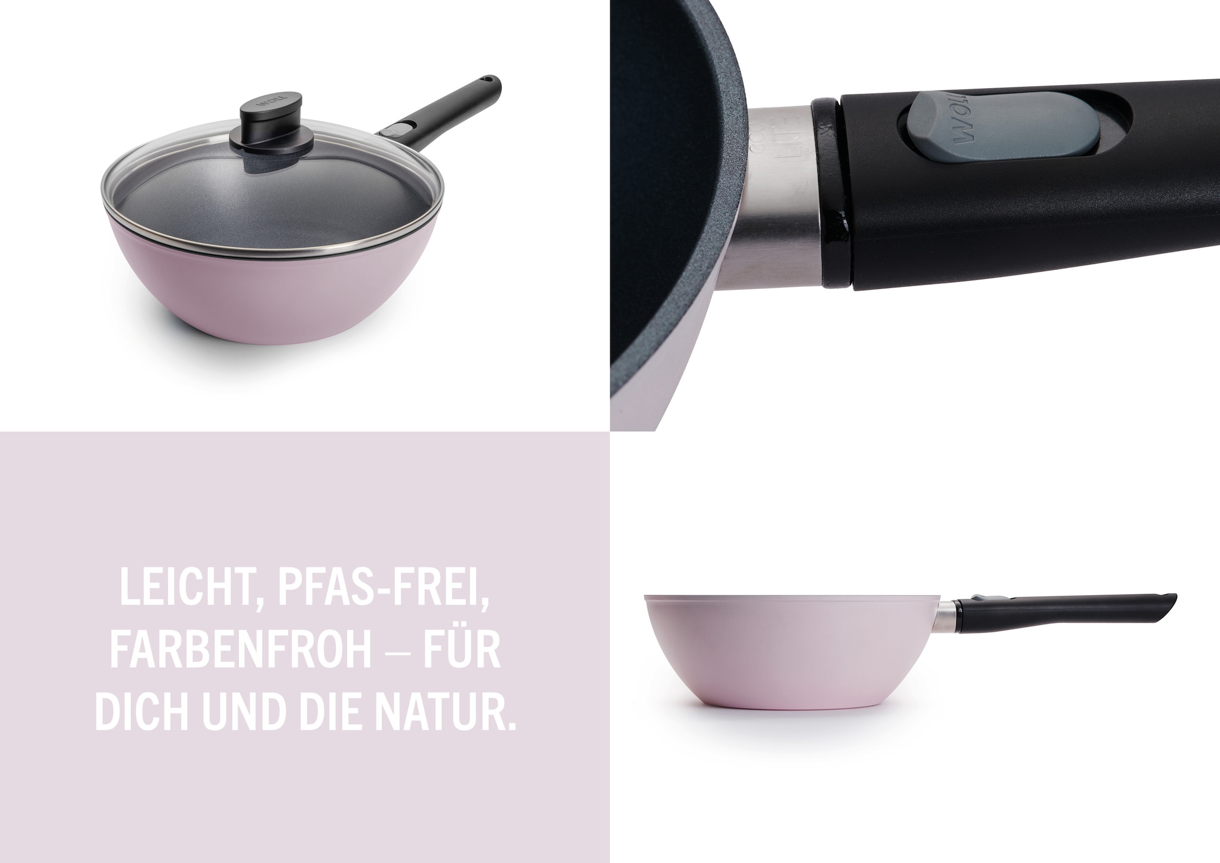 WOLL MADE IN GERMANY Wok »Ecolour Ø 24 cm inkl. Deckel« Aluminiumguss Set, 2 tlg. abnehmbarer Stiel