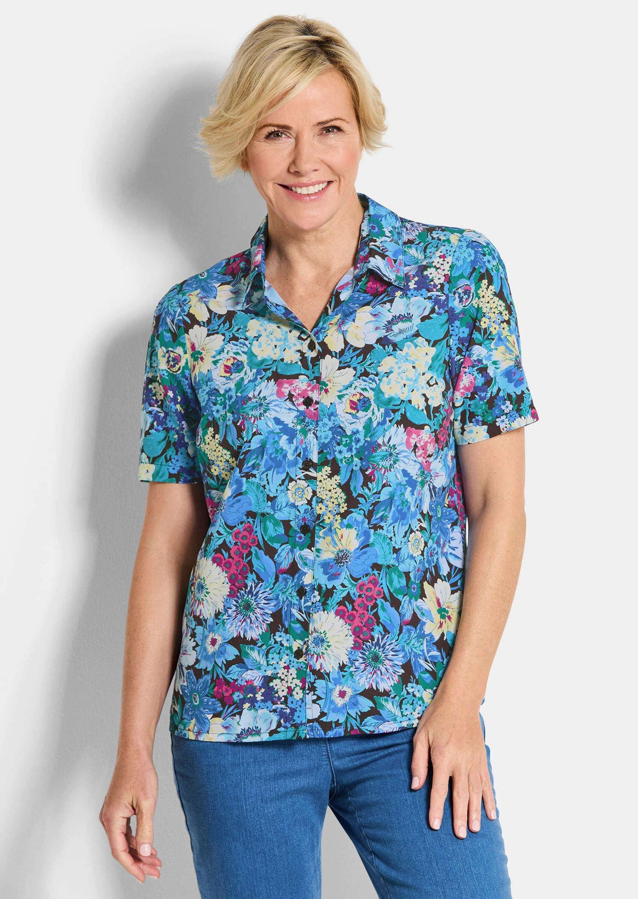 Hemdbluse GOLDNER "Kurzgröße Blusenshirt mit floralem Print", Damen, Gr. 19, blau (blau, gemustert), Obermaterial: 100% Polyester PES., gerade, Blusen Hemdbluse, keine 2