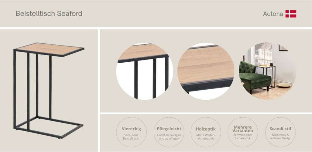 ACTONA GROUP Beistelltisch »Seaford, Rechteckig, Scandi Design, matte Wildeichenoptik, Modern«, Wohnzimmertisch, kleiner Tisch, matte schwarze Metallbeine, H: 63 cm