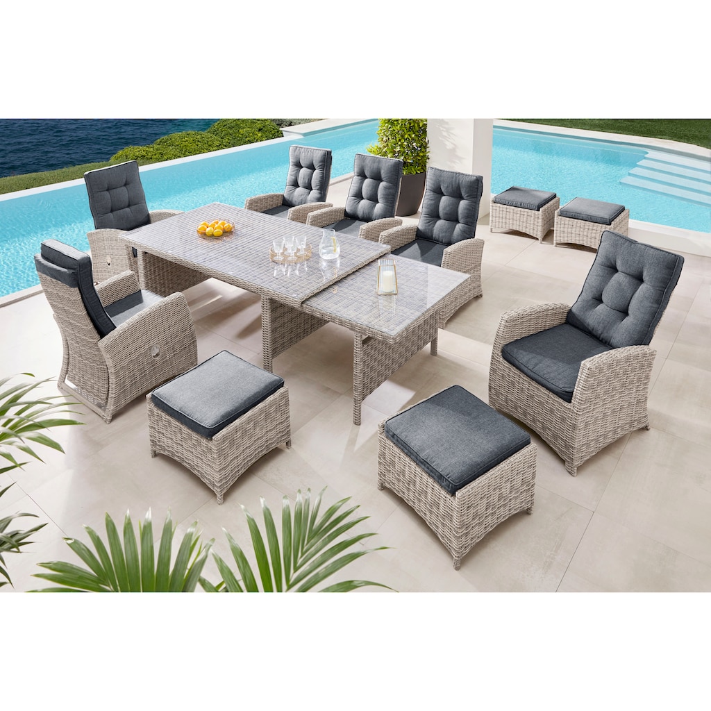 KONIFERA Garten-Essgruppe »Monaco«, (Set, 27 tlg., 6x Sessel, 4x Hocker, 1x AZ-Tisch 200-366x100x75,5 cm, inkl. Auflagen), für 10 Personen Aluminium, Polyrattan, Rückenlehne verstellbar