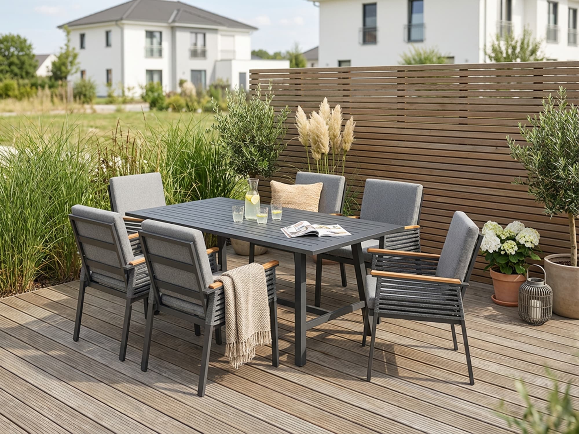 KONIFERA Garten-Essgruppe "Edessa" Set, 19 Stk. tlg. Tischplatte aus Alu-Lamellen,Armlehne mit Seilgeflecht&Noonwood-Latten