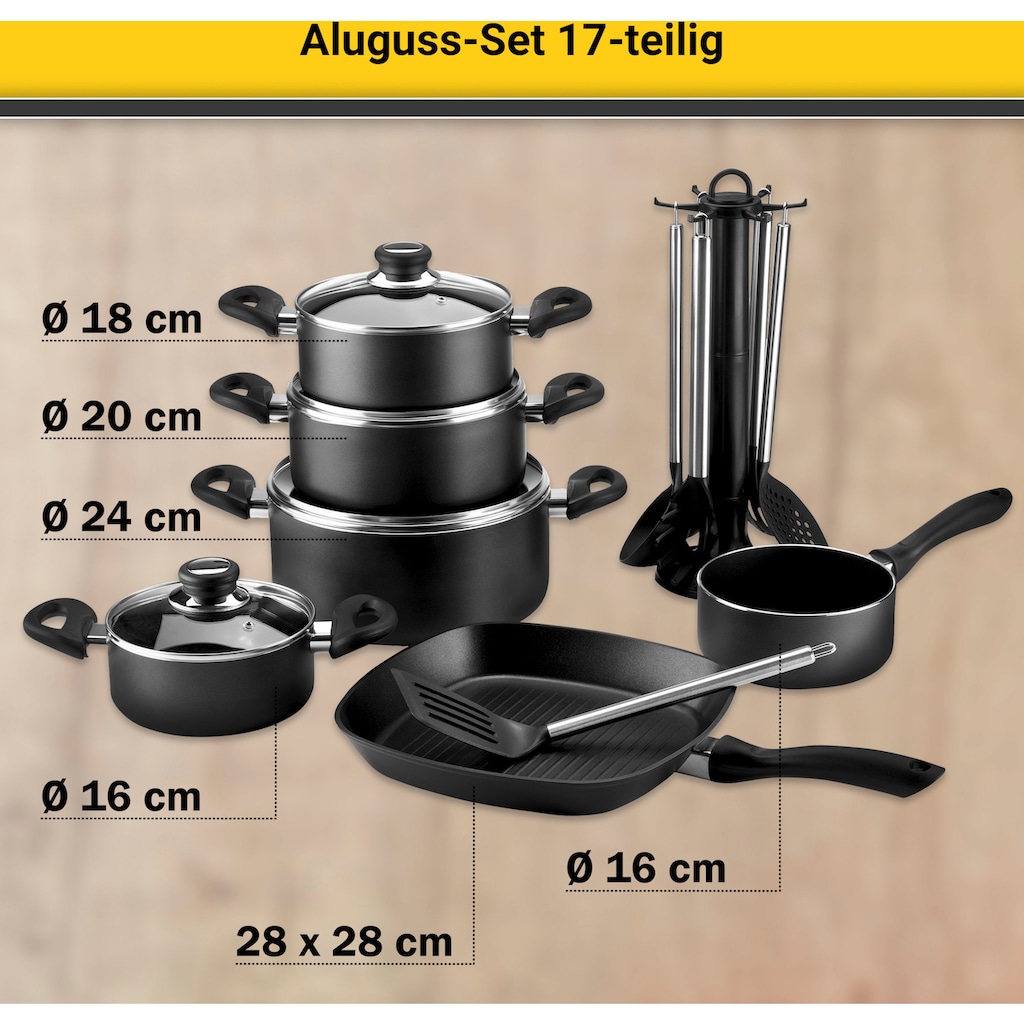 Krüger Topf-Set »Aluguss Topf- und Pfannenset inkl. praktischen Küchenhelfern, 17 tlg.«, Aluminiumguss, (Set, 17 tlg., Fleischtopf 16/18/20/24cm, Stieltopf 16cm Steakpfanne 7 T.Küchenhelfer), inkl. 7-tlg. Küchenhelfer-Set