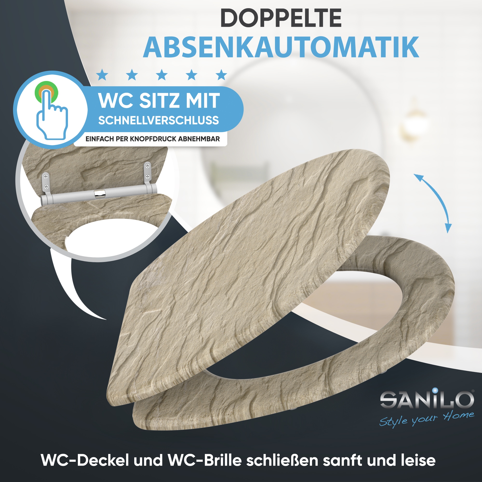 Sanilo WC-Sitz »Sand Stone mit Absenkautomatik & Quick Release« Premium Toilettendeckel, abnehmbar, leichte Montage von oben