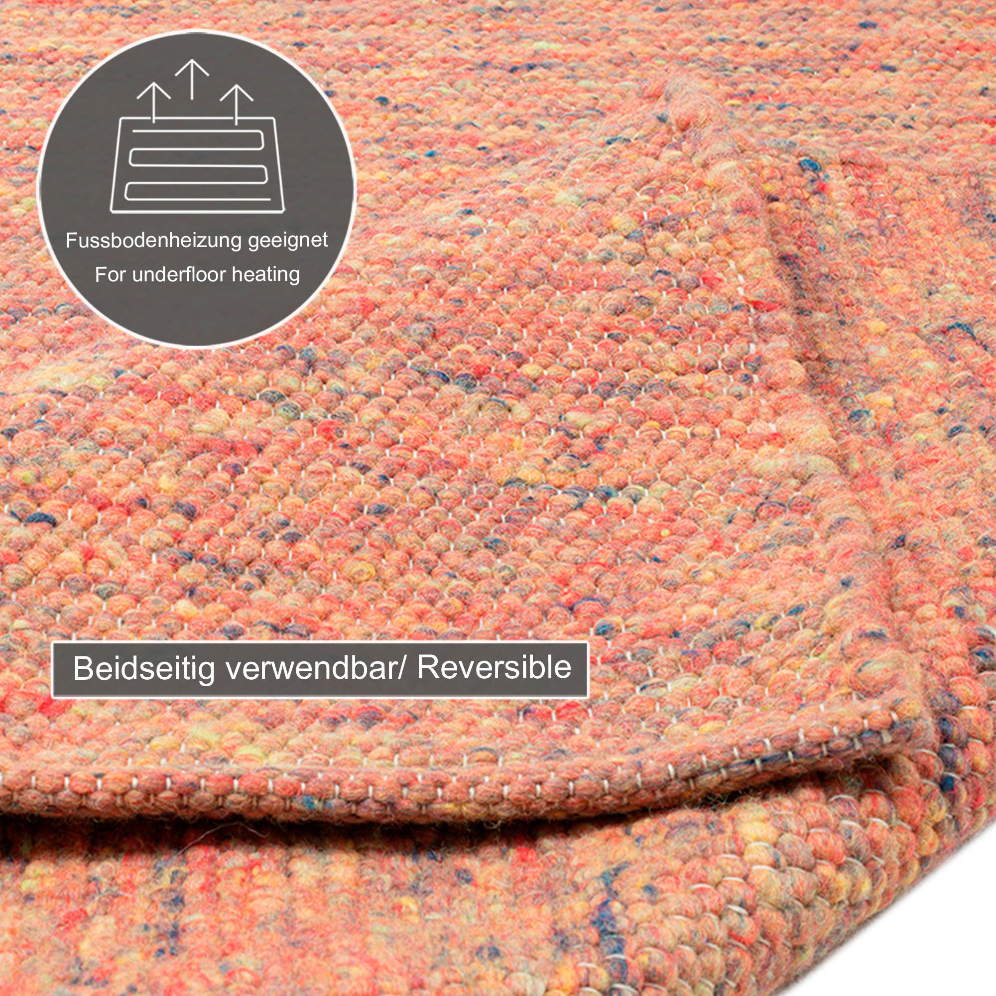 Wollteppich THEKO "Alm Freude", orange (terrakotta), B:70cm H:12mm L:130cm, Schurwolle, Teppiche, Handweb Teppich, reine Wolle, meliert, handgewebt, Wendeteppich 3