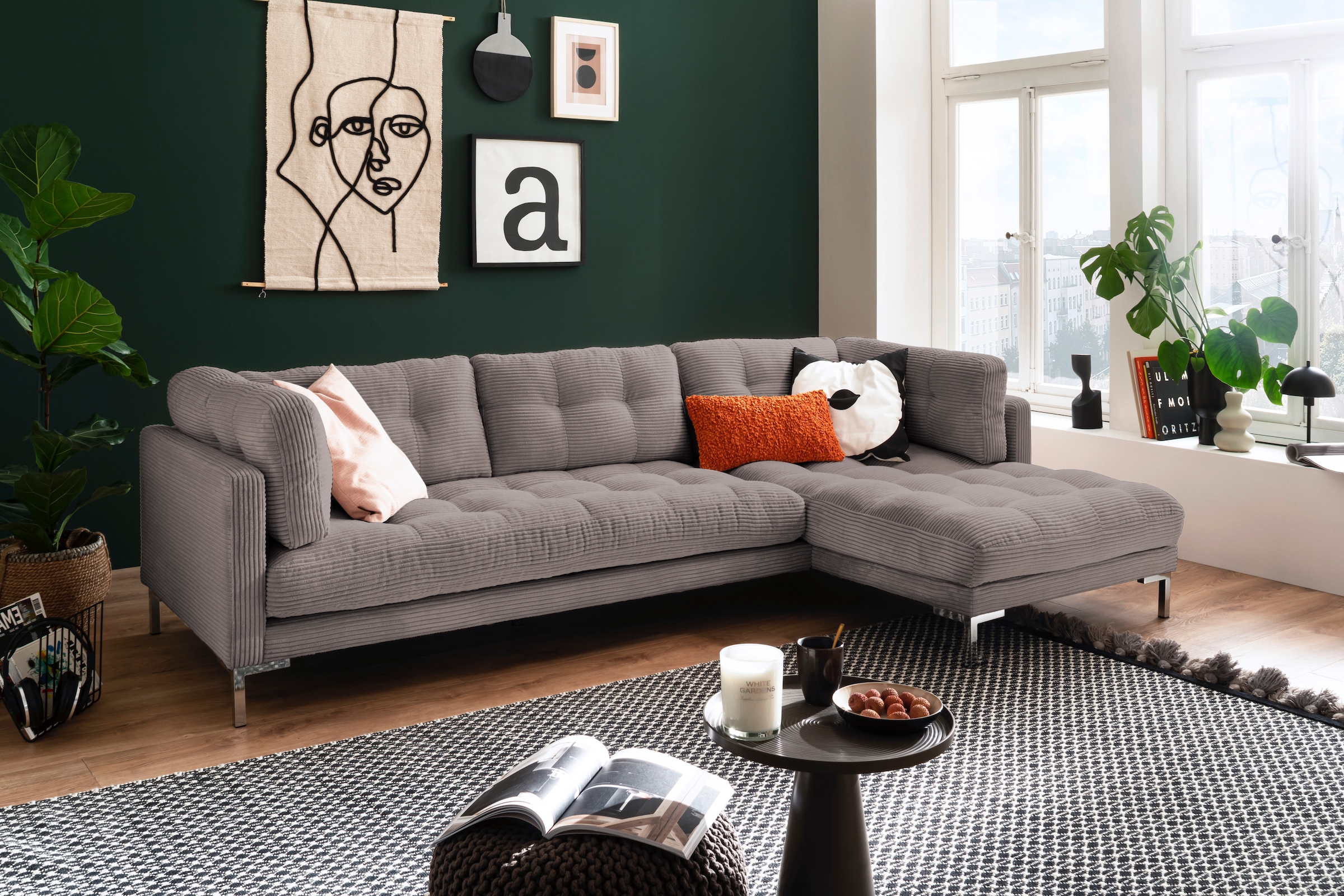 Trends by HG Ecksofa "Landau L-Form" in Cord-Stoff mit Metallfuß günstig online kaufen