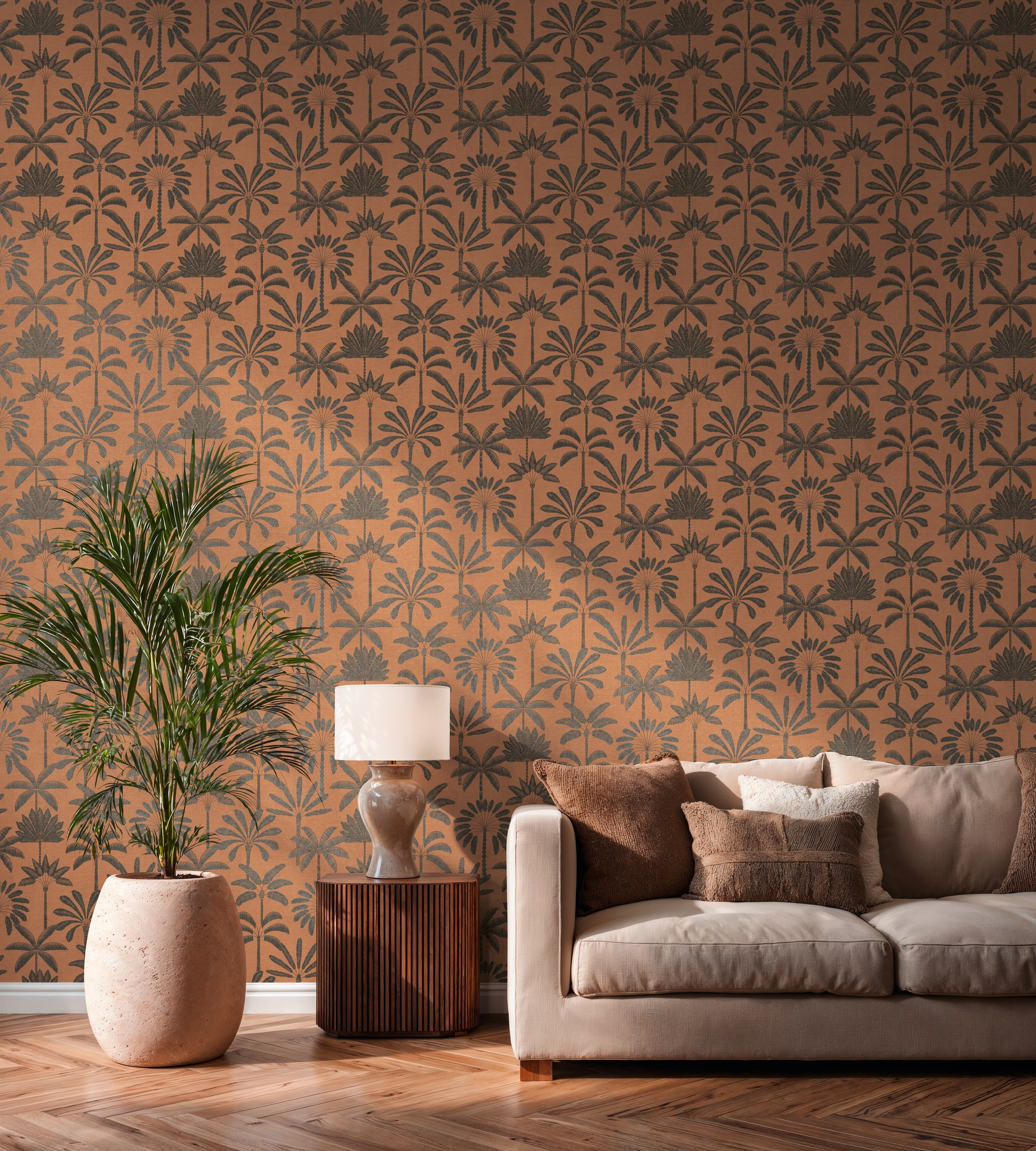 A.S. Création Vliestapete "Cuba II Palmen Silhouette" Retro floral tropisch leicht strukturiert Stilisiertes Palmenmotiv mit dekorativer, ruhiger Ausstrahlung