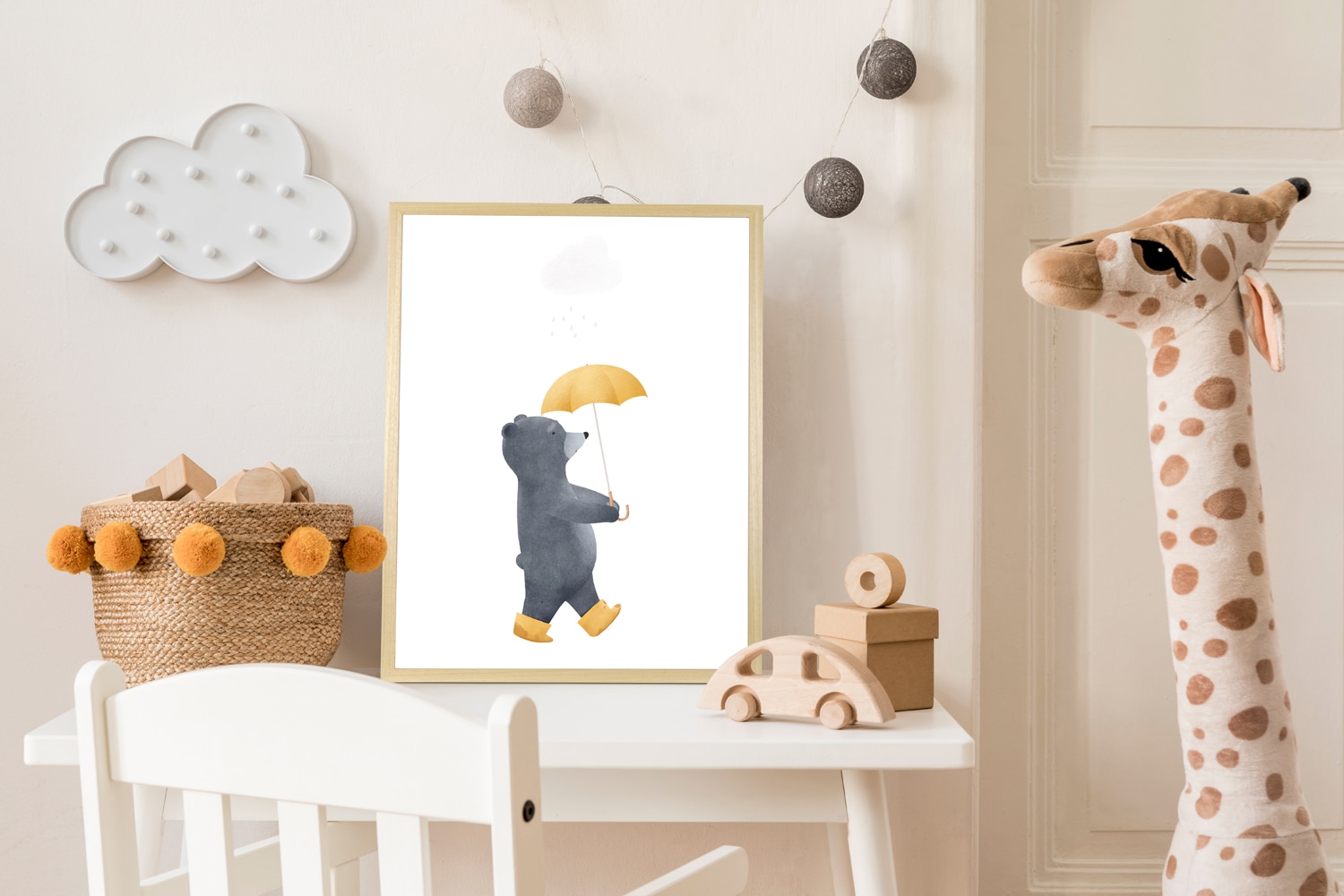 queence Bild mit Rahmen "Bär mit Regenschirm" Bär Bären Fantasy Teddy Tiere 1 Stk. tlg. HD Premium Posterdruck mit Echtholzrahmen