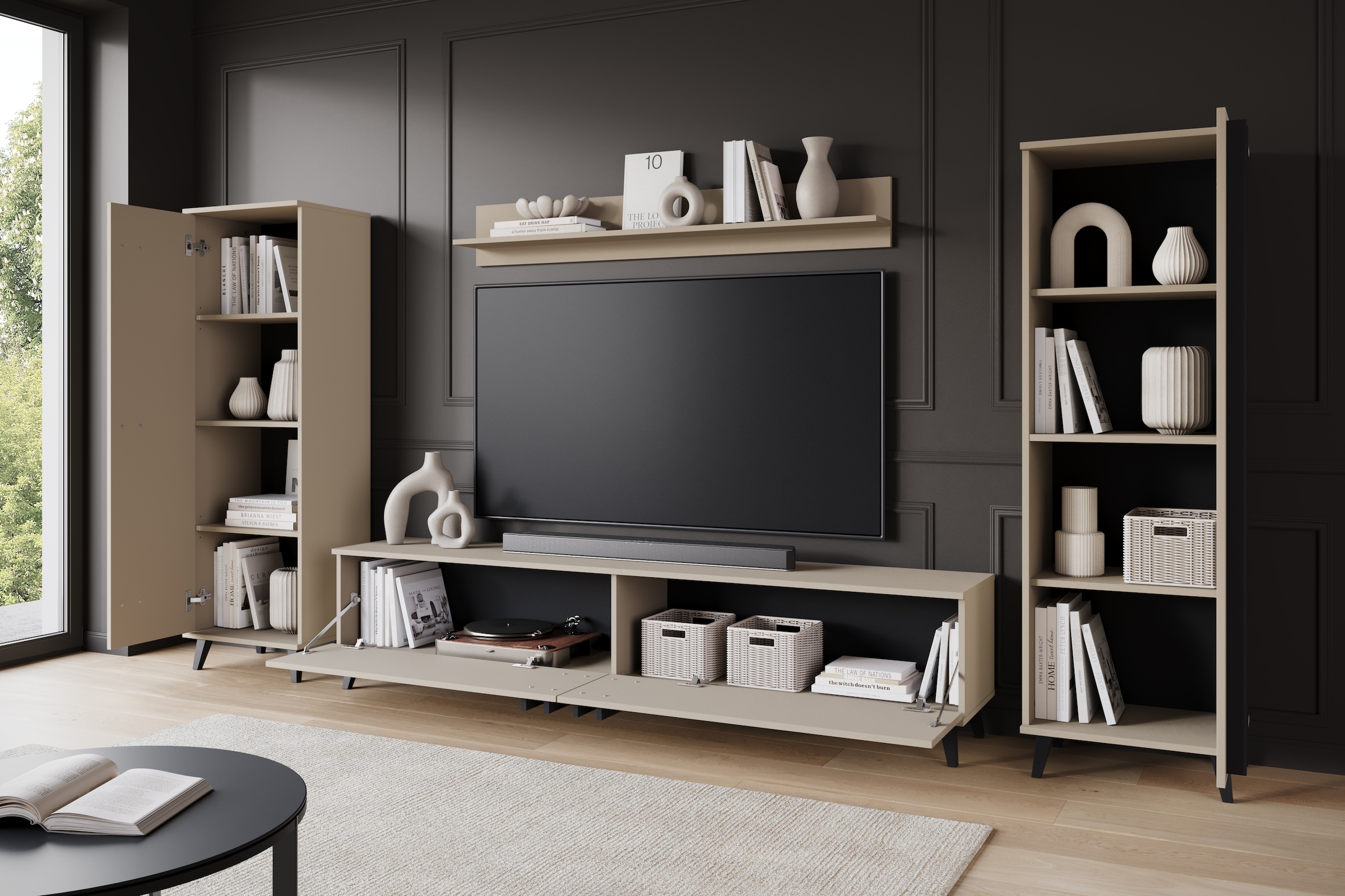 INOSIGN Wohnwand »Helsinki, Modernes Möbelset«, (Komplett-Set, 4 St.), mit lamellengriffen, verstellbaren Einlegeböden und Kunststofffüßen