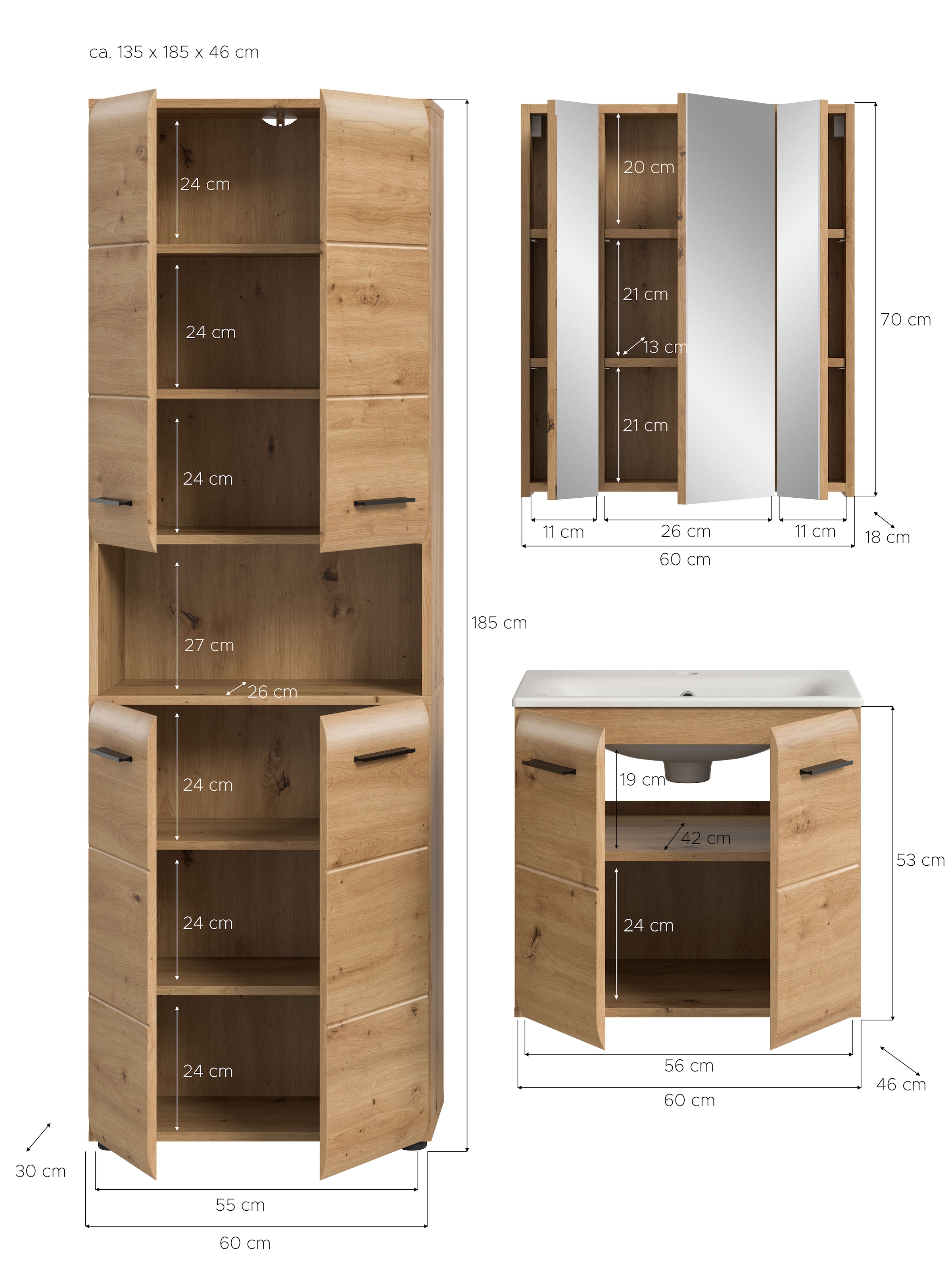 INOSIGN Badezimmer-Set, (Set, 4 St.), Florenz, Badkombination 4-tlg.,Artisan Oak NB, inkl. Waschbecken