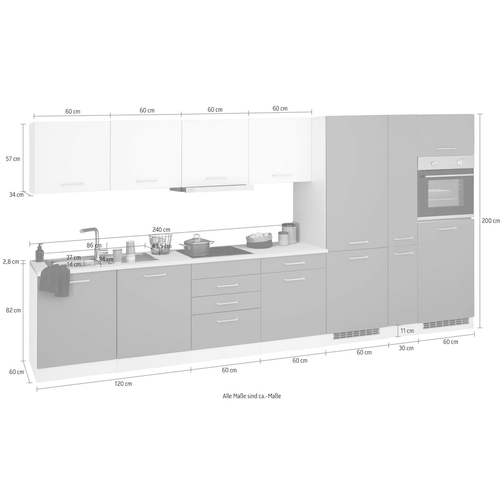 HELD MÖBEL Küchenzeile »Visby«, mit E-Geräten, Breite 390 cm inkl. Kühl/Gefrierkombination