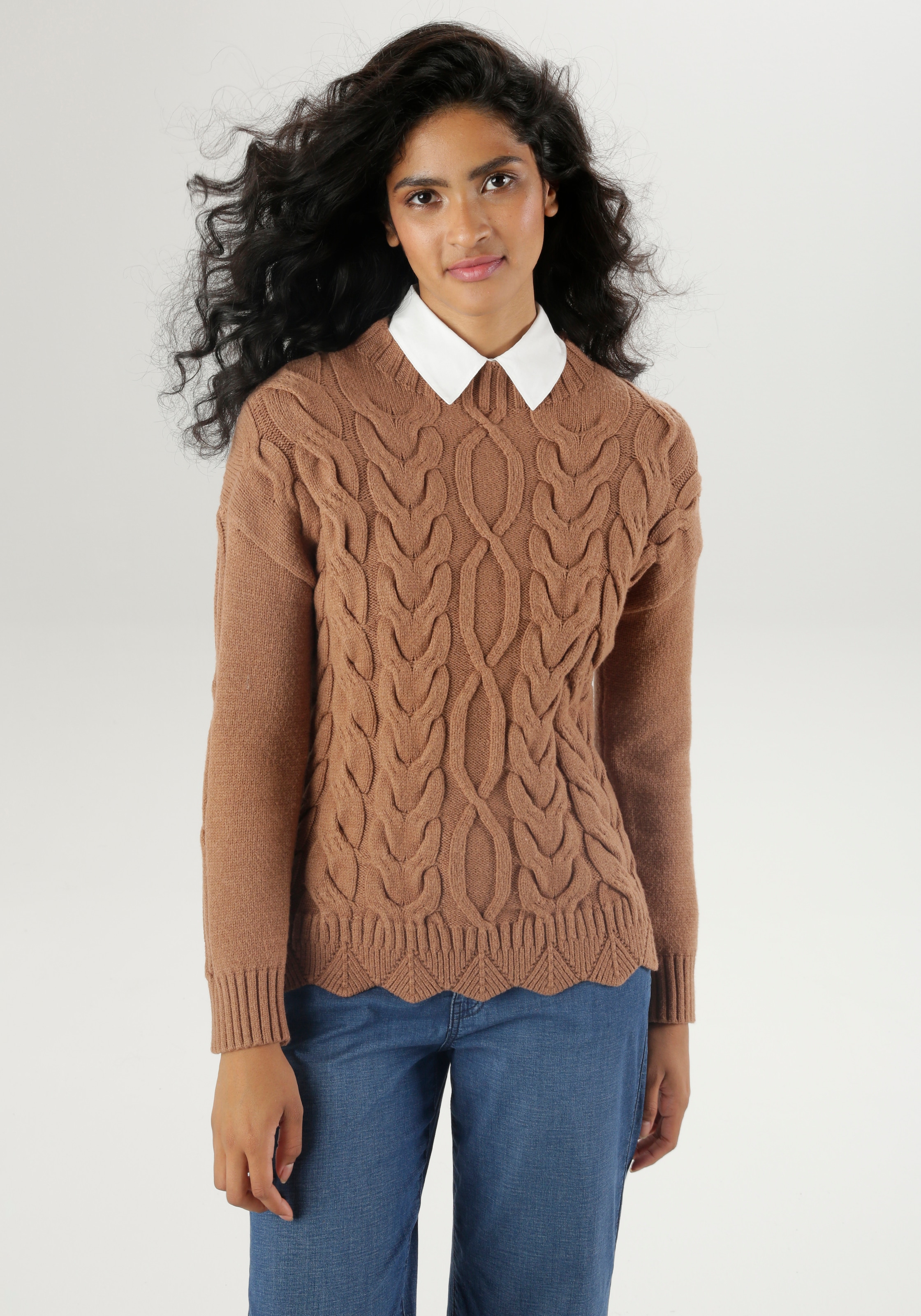 Aniston SELECTED Strickpullover, mit Lochstrickmuster am Wellensaum günstig online kaufen