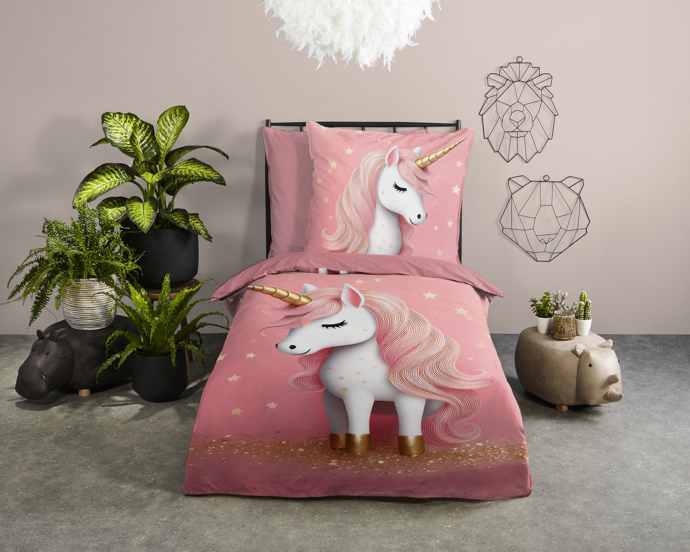 PURE luxury collection "Sparkles" 2 Mikrofaser, 135x200, 2 Teilig, Wendeoptik, Mädchen, Einhorn, Rosa