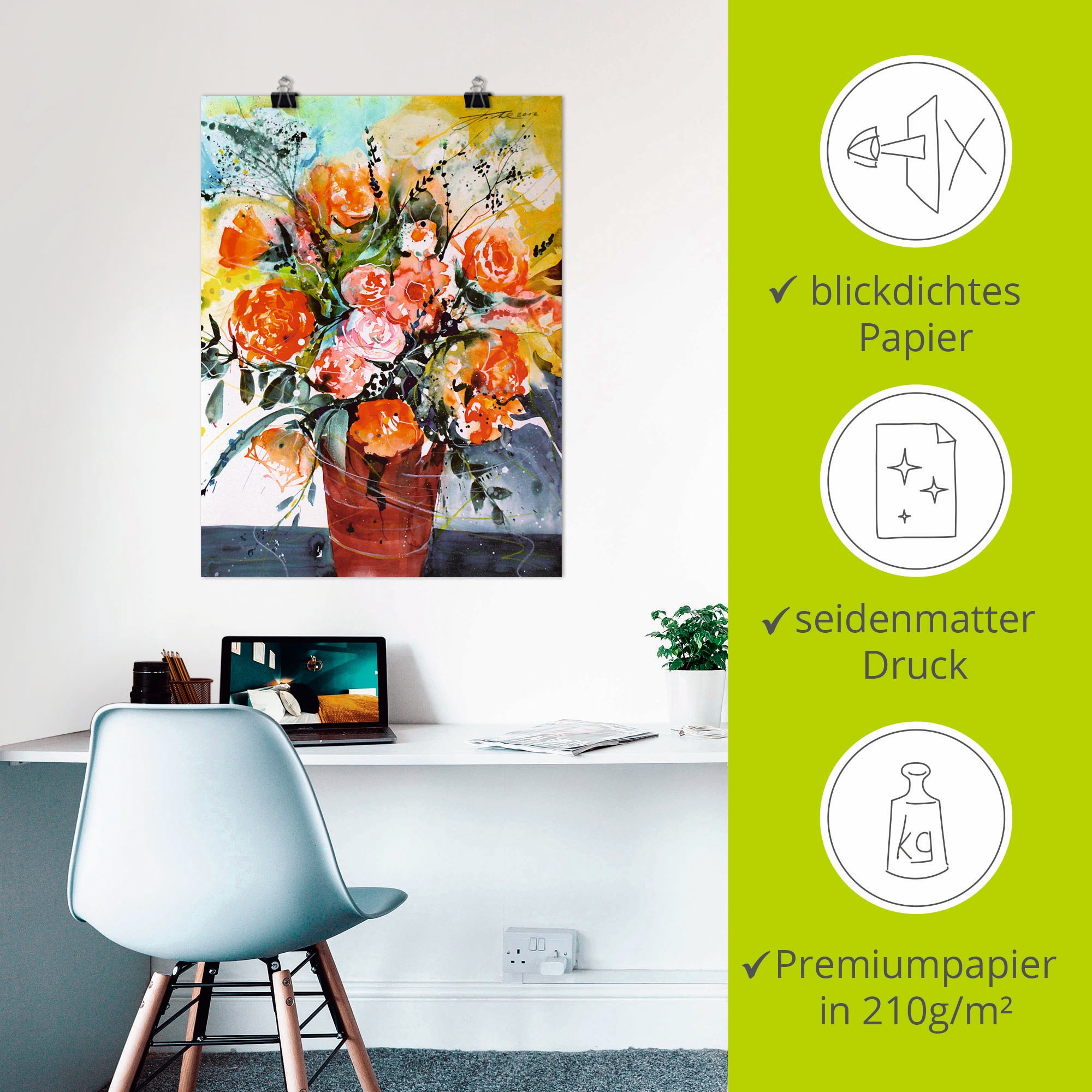 Artland Poster »Rosen in brauner Vase«, Blumen, (1 St.), als Alubild, Leinwandbild, Wandaufkleber oder Poster in versch. Größen