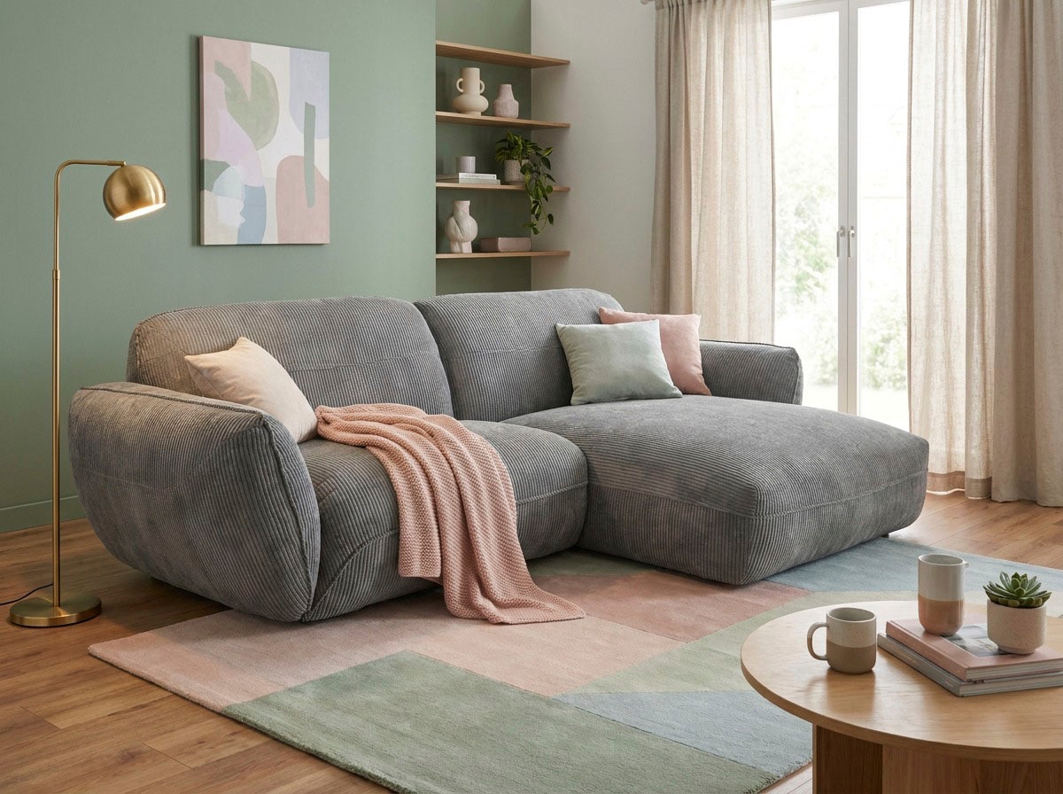 TRENDMANUFAKTUR Ecksofa "Be Chilled, modernes Lounge-Design mit stilvoller Kedernaht" mit softem Sitzkomfort, in hochwertigem Cord mit weicher Haptik
