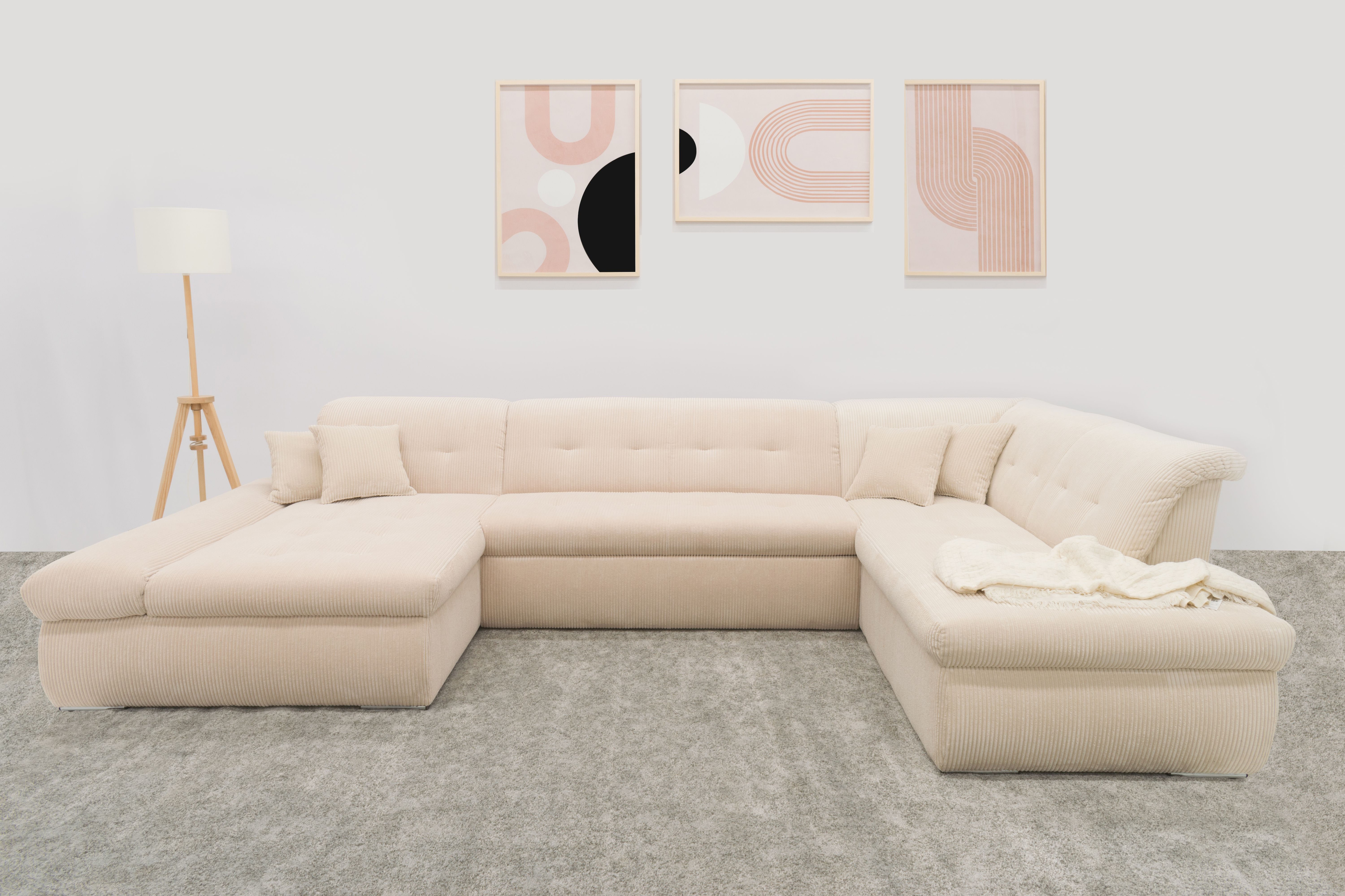 DOMO collection Wohnlandschaft "MORIC 353x216x80 cm, mit viel Platz, U-Form, auch in Cord" im XXL-Format, wahlweise mit Bettfunktion und Armlehnenverstellung