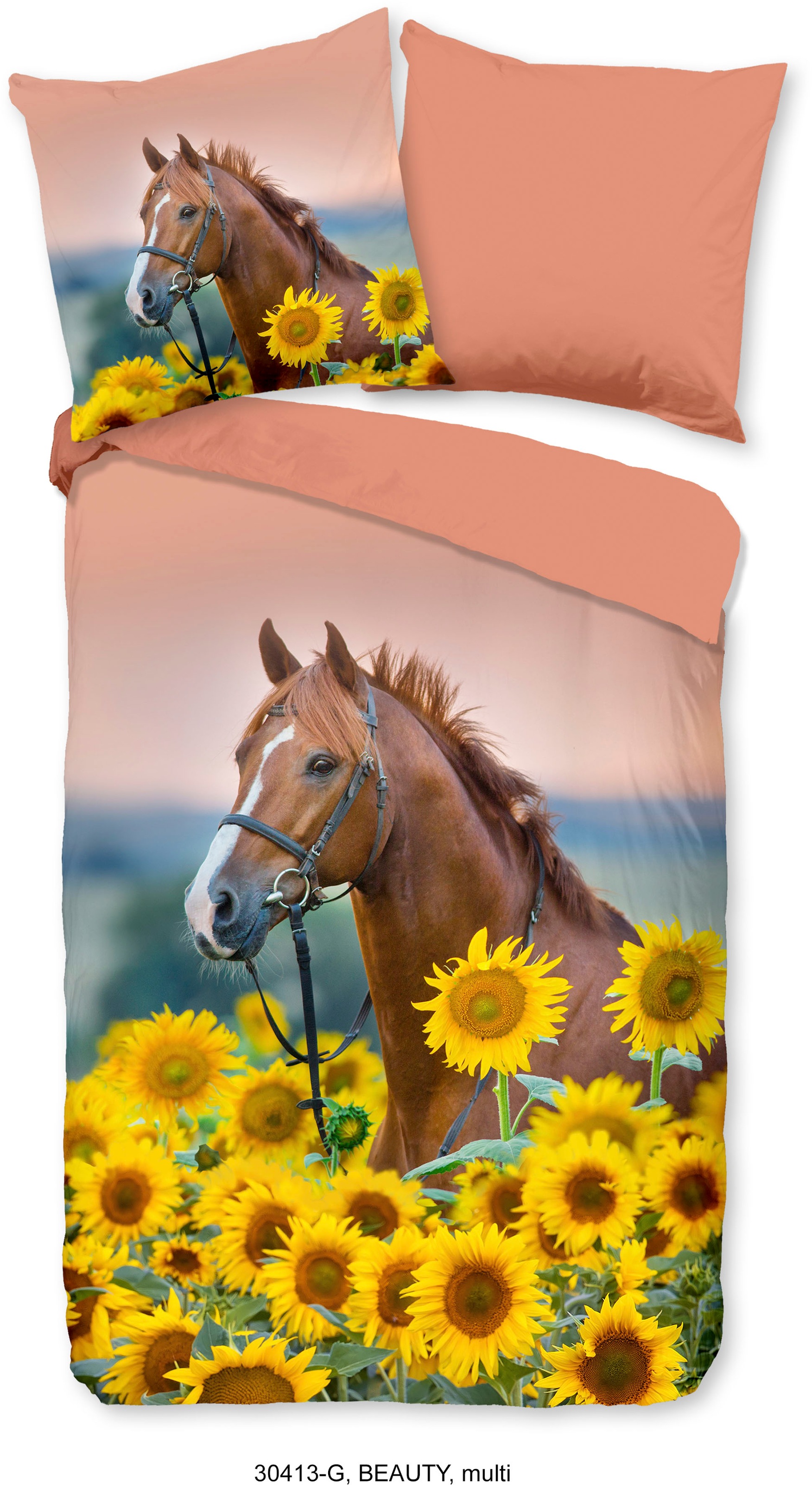 good morning Kinderbettwäsche »Beauty Horse Sunflower«, Baumwolle, 135x200, Reißverschluss, Wendeoptik, Kind, Mädchen, Pferd