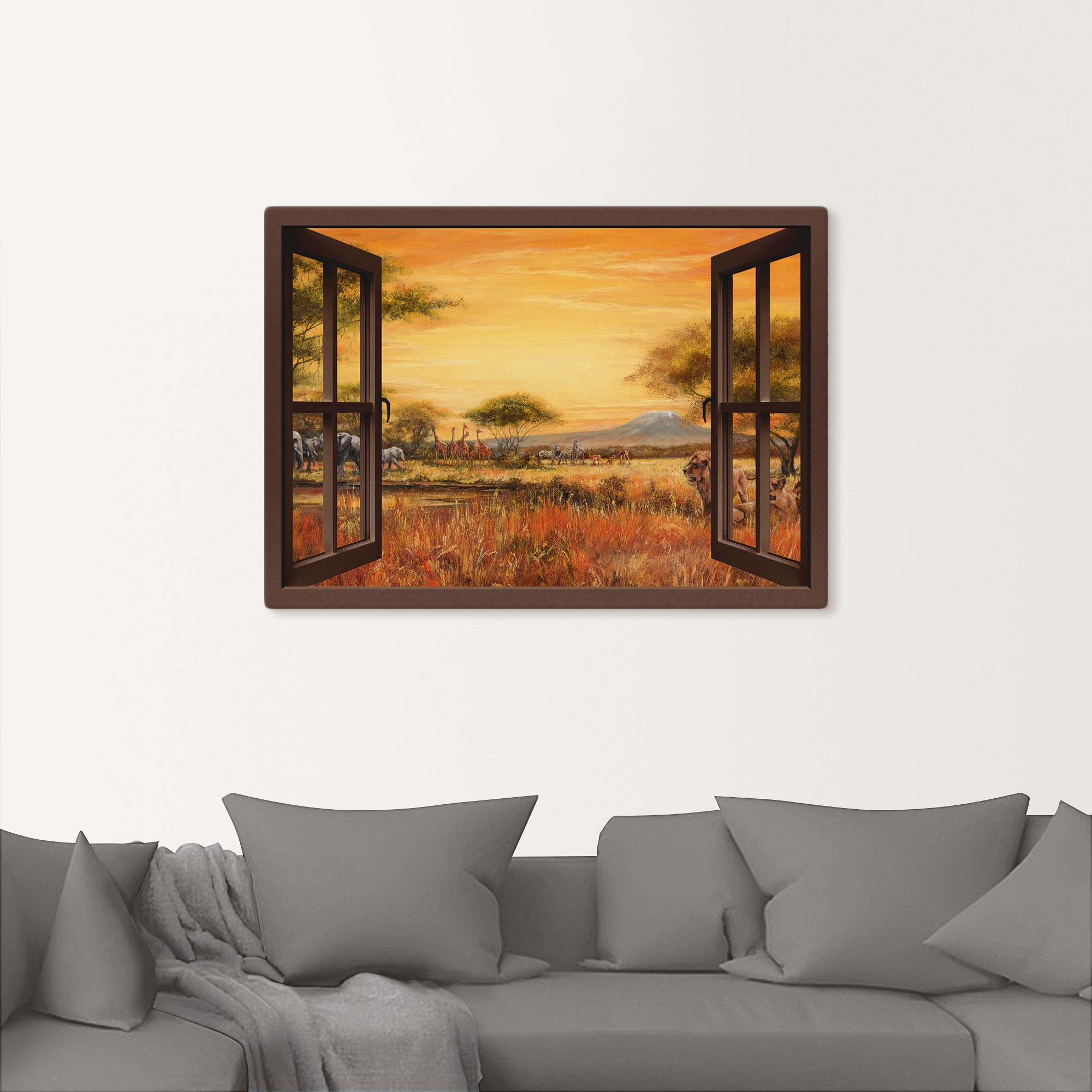 Thumbnail - Artland Leinwandbild "Fensterblick Afrikanische Steppe Löwen" Fensterblick 1 Stk. tlg. auf Holzrahmen gespannt