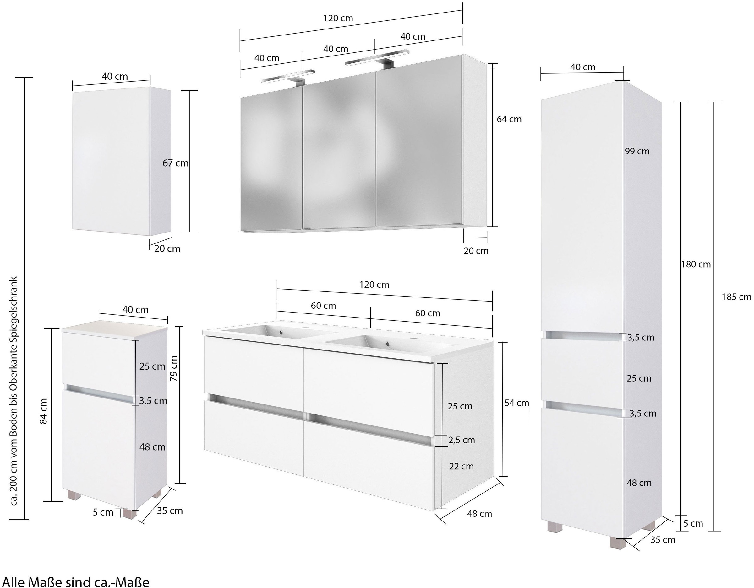 welltime Badmöbel-Set »Welltime Möbel Baabe Waschtisch-Set 3tlg. oder 5tlg.«, (5 St.), gedämpfte Scharniere und Softclose-Funktion, inklusive LED-Beleuchtung