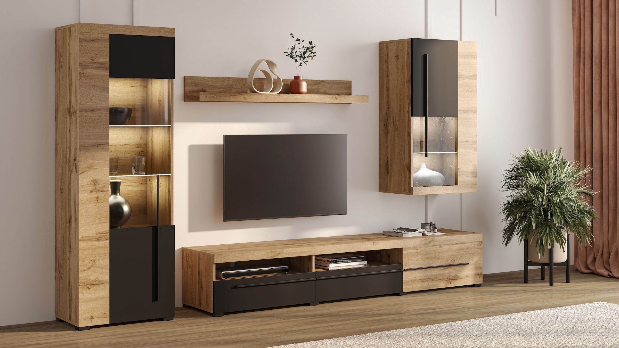 INOSIGN Wohnwand »Roger,Breite 255 cm moderne Mediawand ohne Beleuchtung«, (Set, 4 St.), Anbuwand (Set,4-St) viel Stauraum, Glastüren