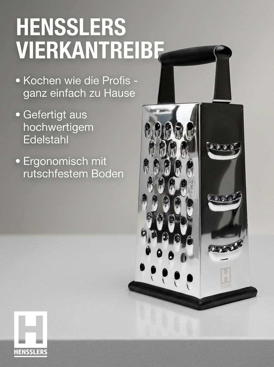 HENSSLERS Vierkantreibe »HENSSLERS Küchenreibe« eine absolut scharfe Reibe aus Edelstahl mit rutschfestem Boden