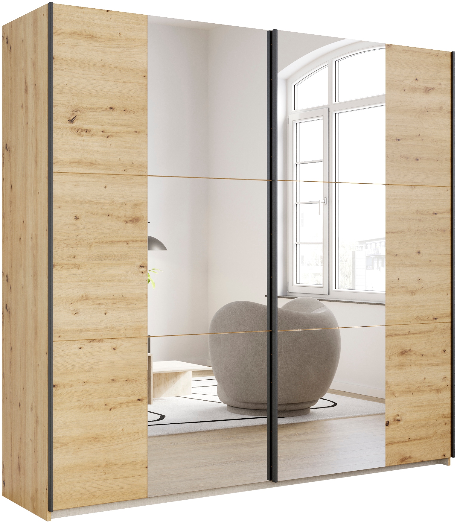 rauch Schwebetürenschrank "Kleiderschrank Drehtürenschrank Schrank Garderobe KRONACH" in 3 Ausstattungen BASIC/CLASSIC/PREMIUM, Breiten 131/175/218/261 cm, optional ohne, mit 1 oder 2 Spiegel, viel Stauraum MADE IN GERMANY