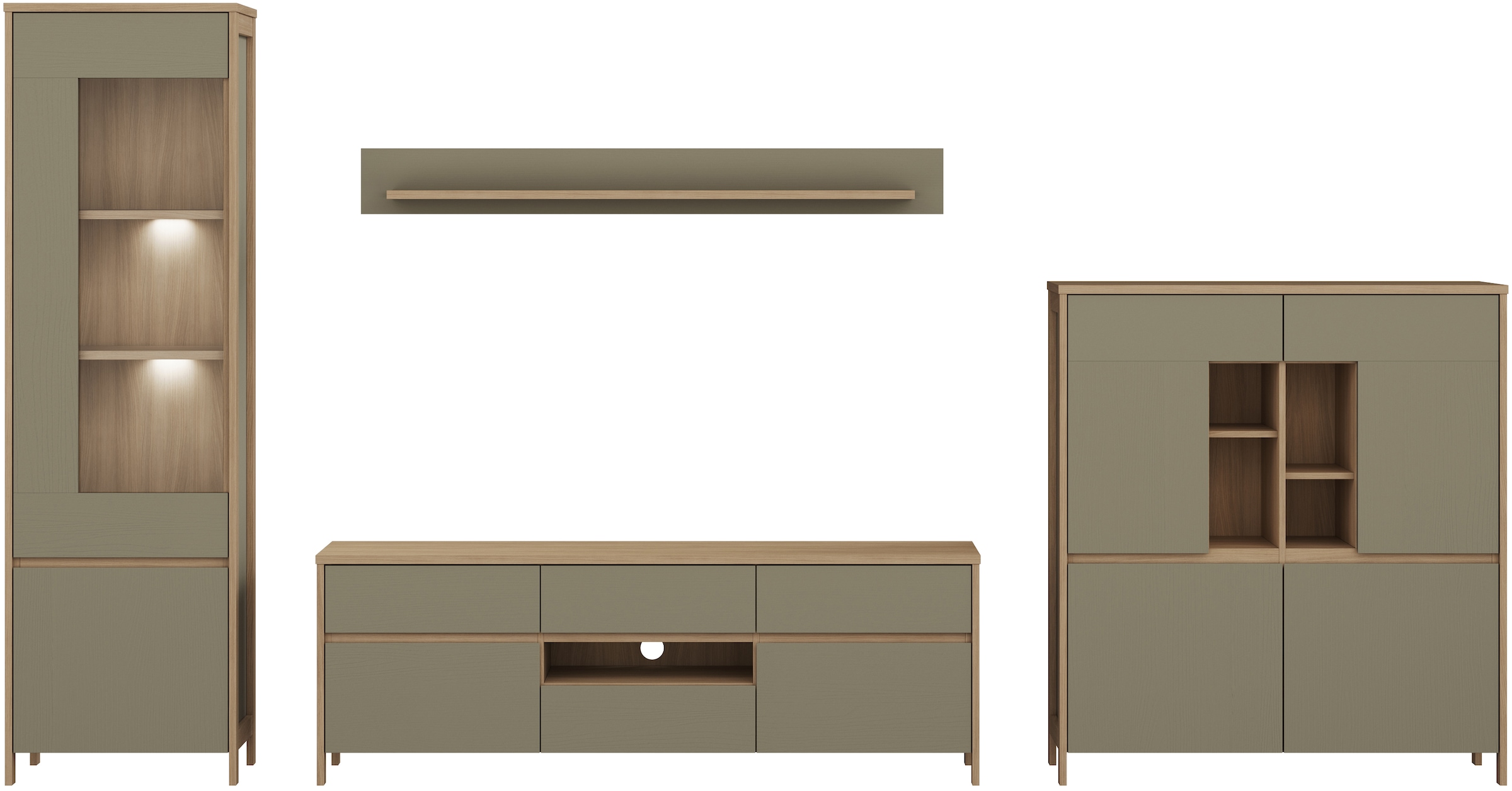 Home affaire Wohnwand »Stranda, moderne Anbauwand, Komplettset im Scandi-Style«, (4 St.), enthält Vitrine, Lowboard, Highboard und Wandboard, 364 cm breit