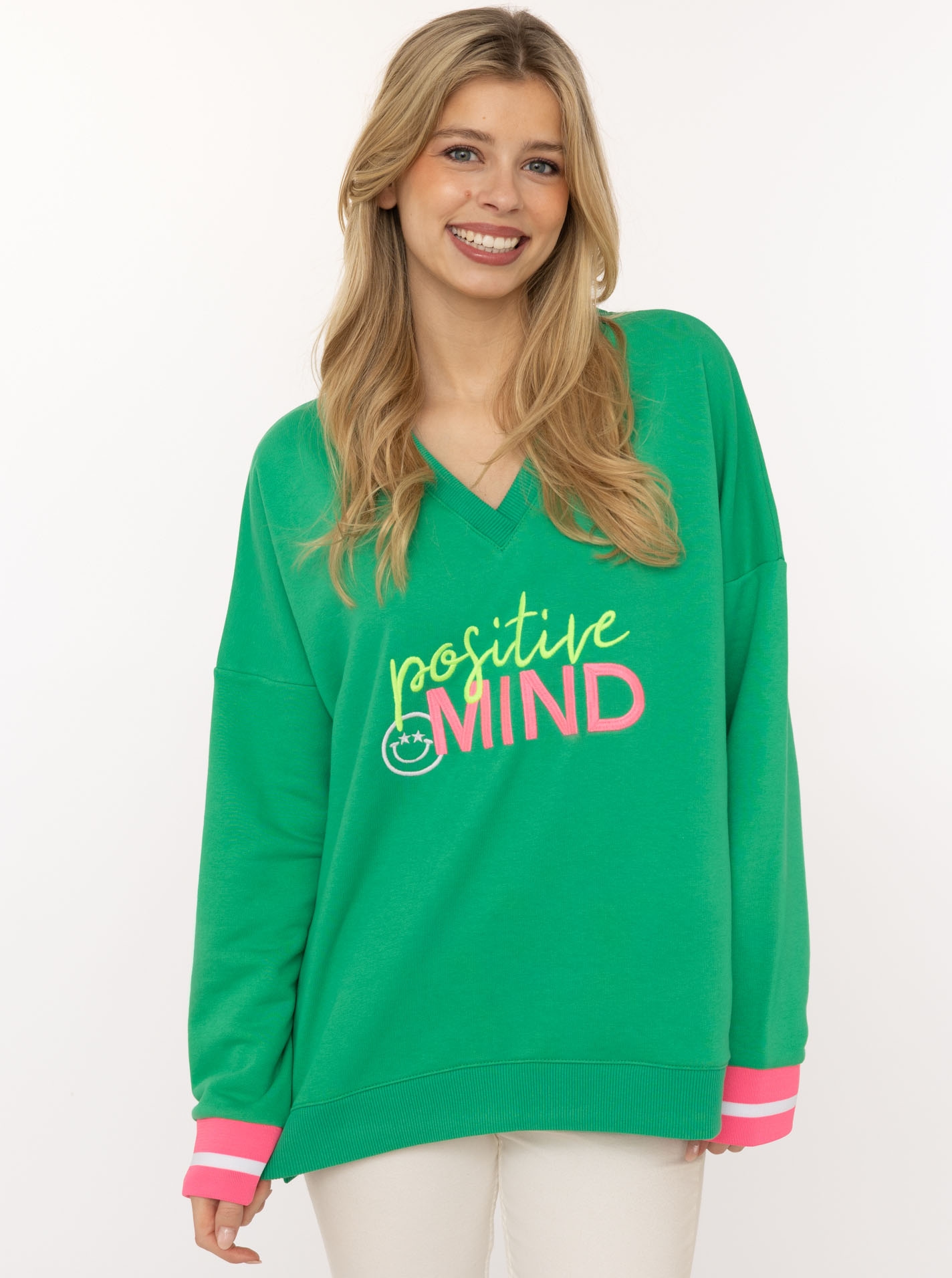 Zwillingsherz Hoodie ""Positive Mind"", neonfarbenen Bündchen, V-Ausschnitt günstig online kaufen