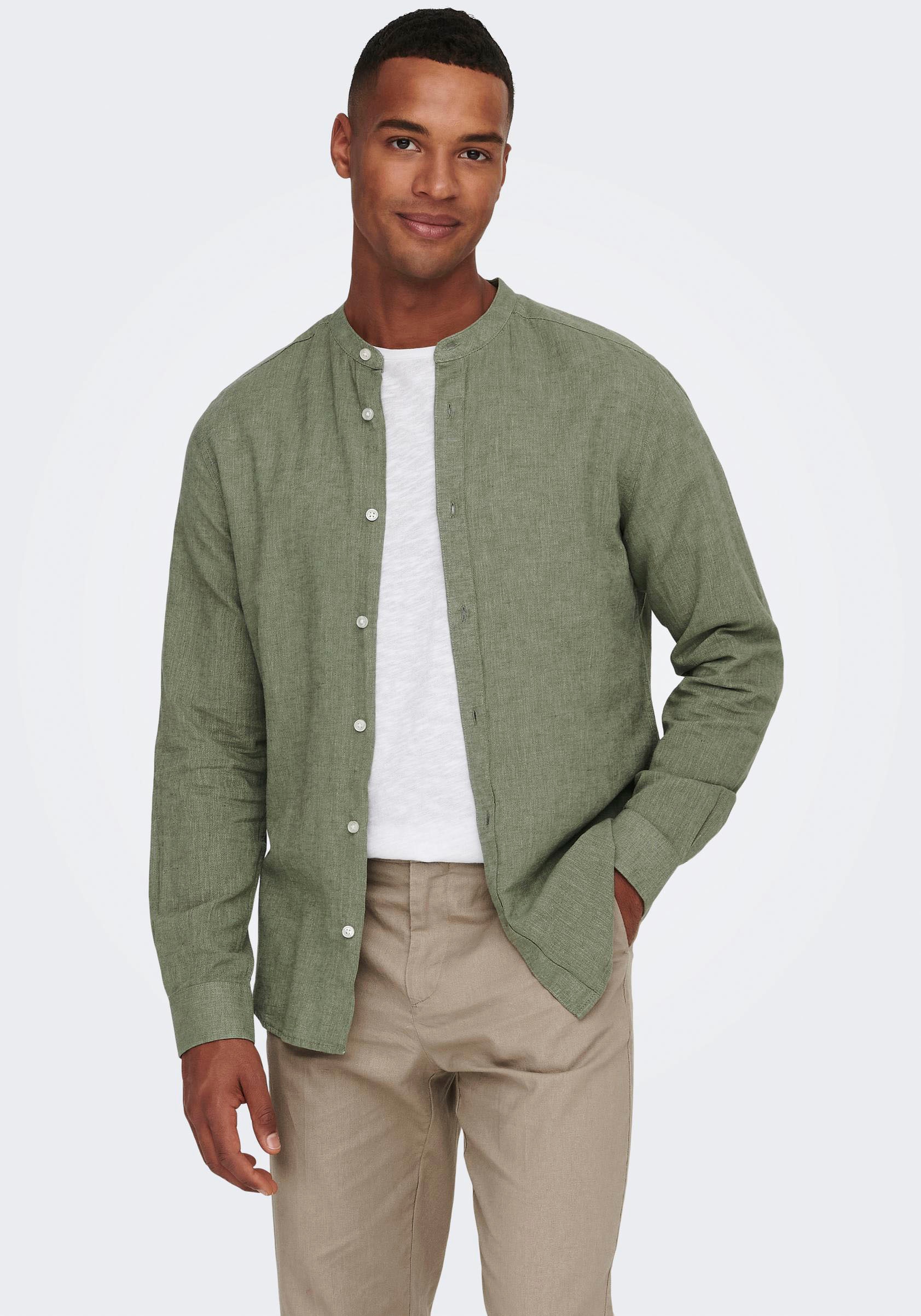 Only & Sons Langarmhemd "Onscaiden Ls Solid Linen Mao Shirt Noos" Baumwolle Mit Leinen, Slim Fit