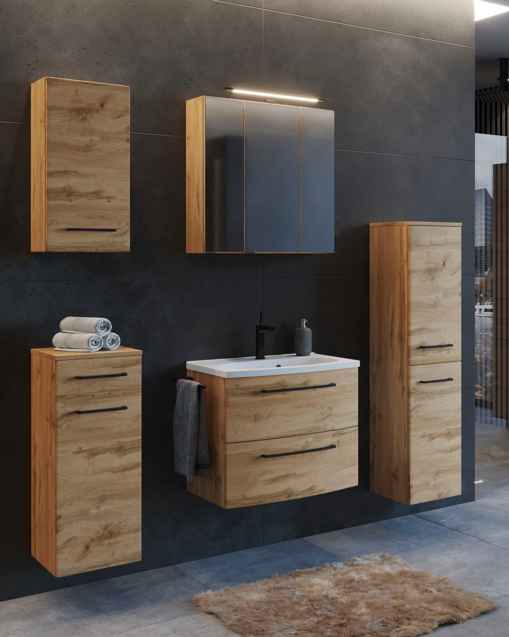 welltime Waschbeckenschrank »Chicago«, Badmöbel, Waschtisch mit Mineralgussbecken, Breite 60 cm, Softclose