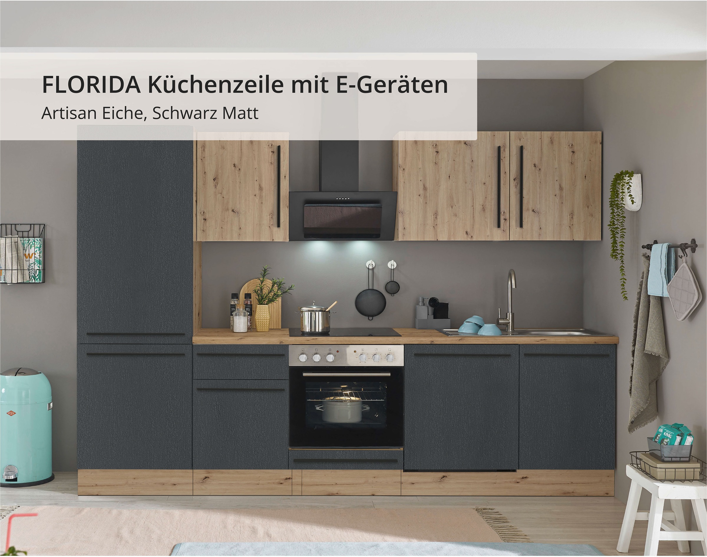 KOCHSTATION Küchenzeile »KS-Florida mit 38mm starker Arbeitsplatte«, Breite 280 cm, wahlweise mit E-Geräten, Soft-Close-Funktion