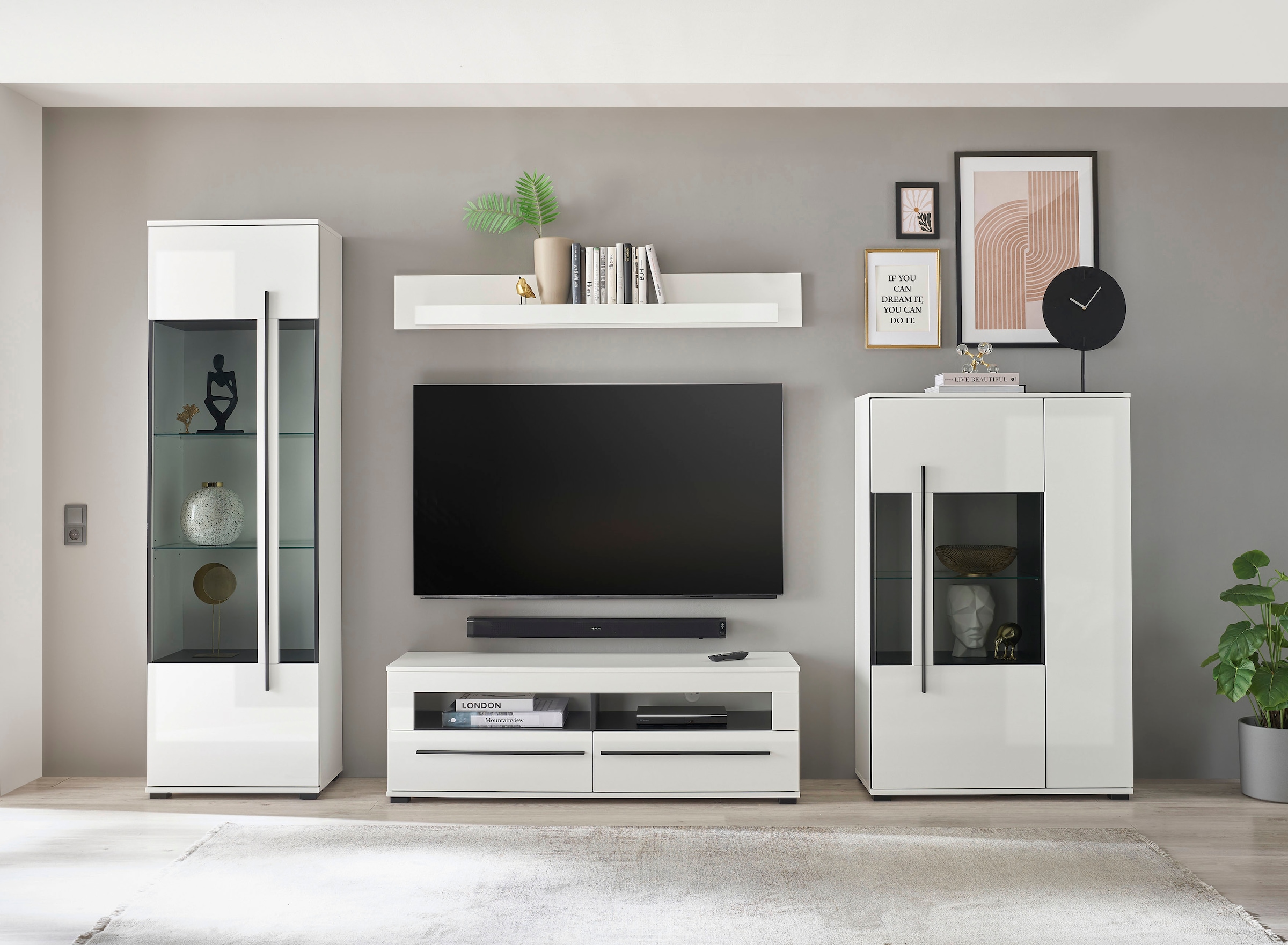 INOSIGN Wohnwand »Cantara, moderne Anbauwand, Wohnzimmer-Set, in Eiche Evoke oder Weiß«, (Set), enthält zwei Vitrinen, ein Lowboard und ein Wandboard