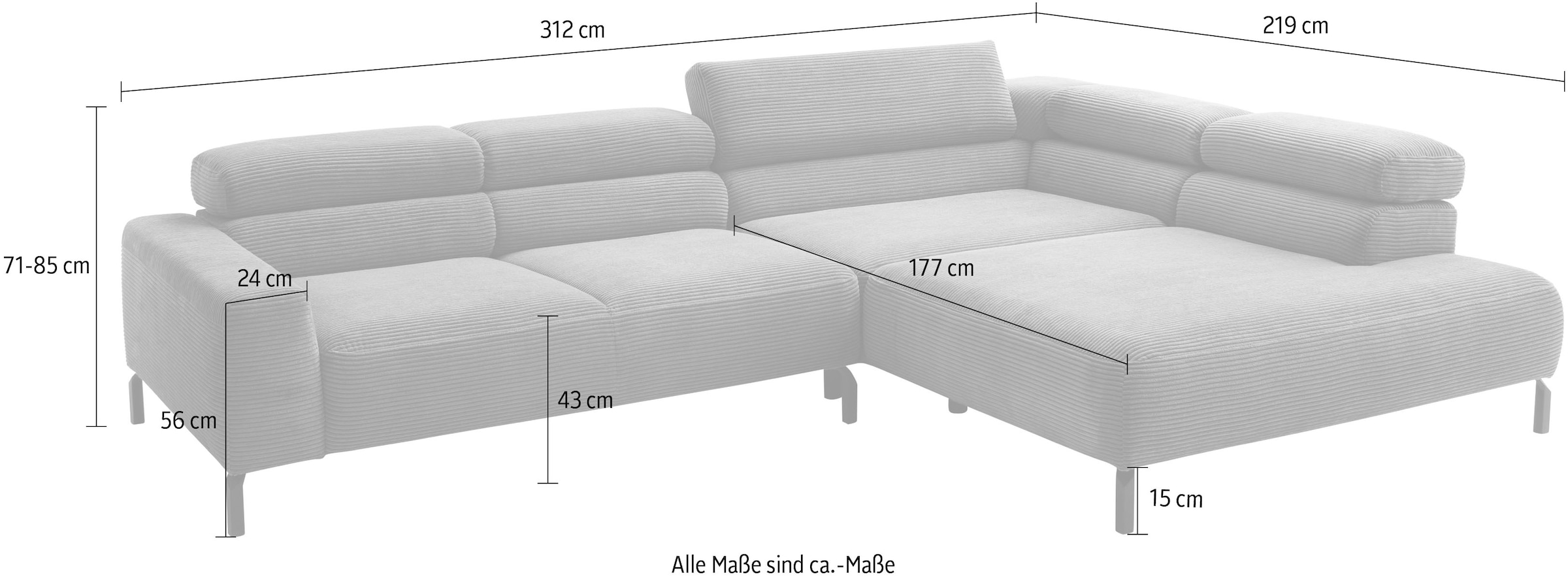 Places of Style Ecksofa »Antonelli, L-Form, inkl. Kopfteilverstellung, Breite 312 cm«, ohne Sitztiefenverstellung, in Cord, petrol