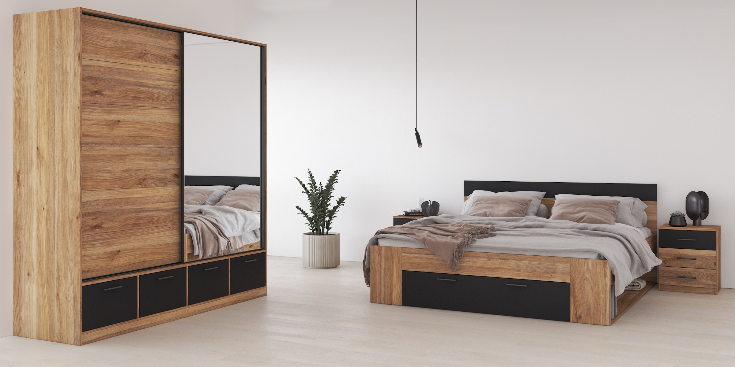 INOSIGN Schlafzimmer-Set "Faweza,Set 4-St(Bett 180 cm, 2xNako, Schwebetürenschrank)", Komplettschlafzimmer, viel Staurau