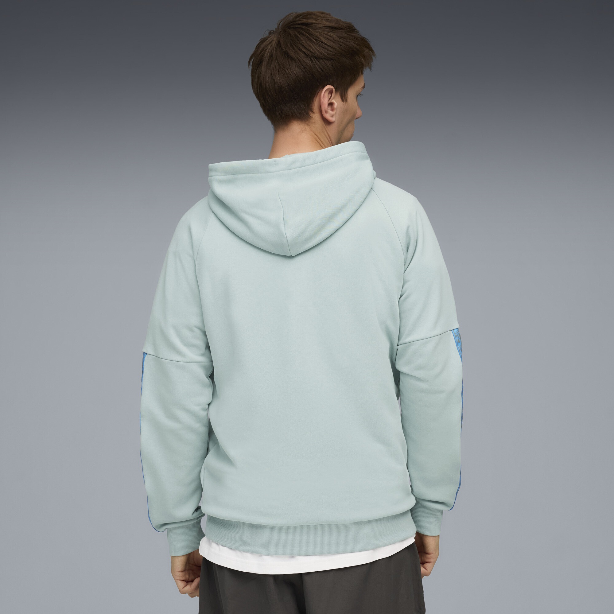 Hoodie PUMA "Olympique de Marseille KING Hoodie Herren", Herren, Gr. L, grün (modern mint luminous blau grün), Obermaterial: 68% Baumwolle, 32% Polyester; Rippe: 3% Elasthan, 97% Baumwolle; Besatz: 100% Polyester, normal, Sweatshirts Hoodie 3