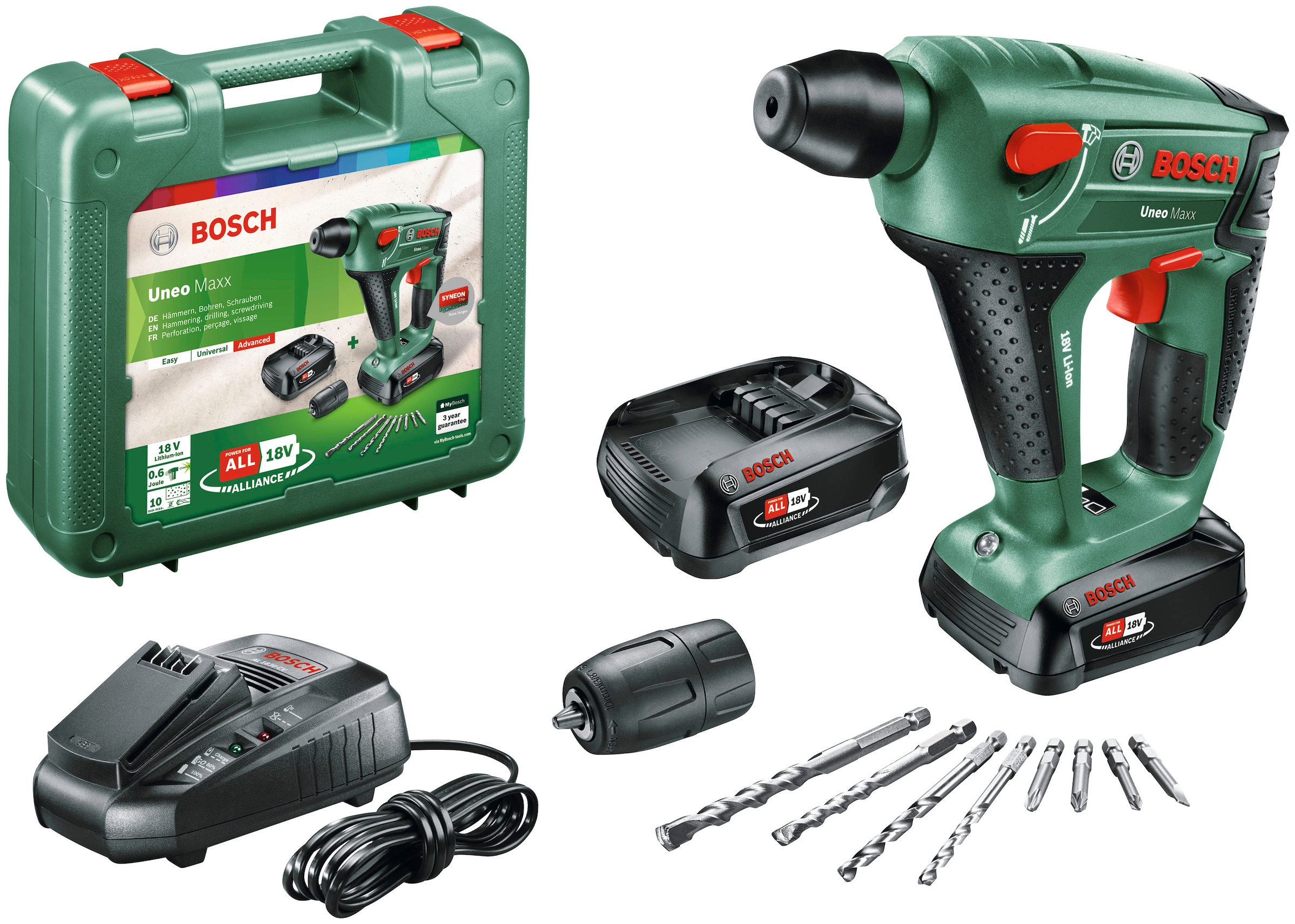 Bosch Home & Garden Akku-Bohrhammer "Uneo Maxx", (Set), inkl. 2 Akkus, Ladegerät, Koffer