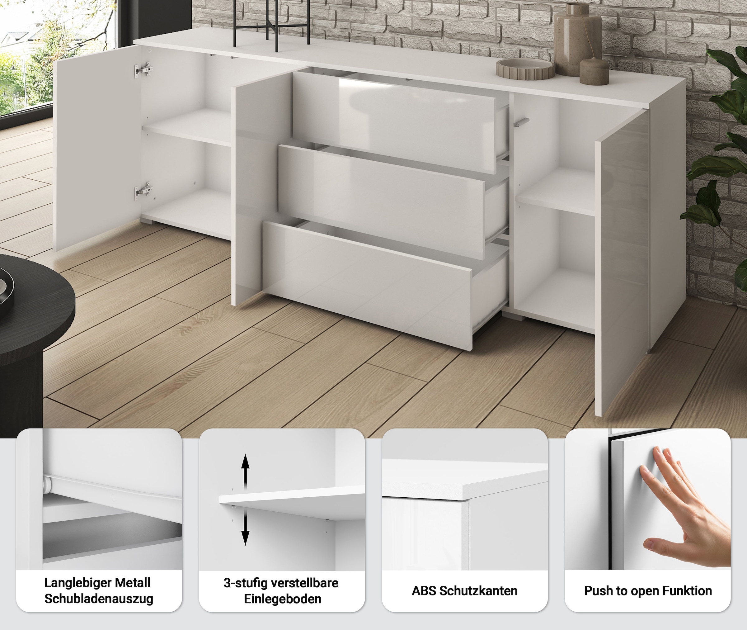 INOSIGN Sideboard »PARIS« 1 Stk. tlg. Moderne 190cm breite grifflose Kommode, vielseitig einsetzbar