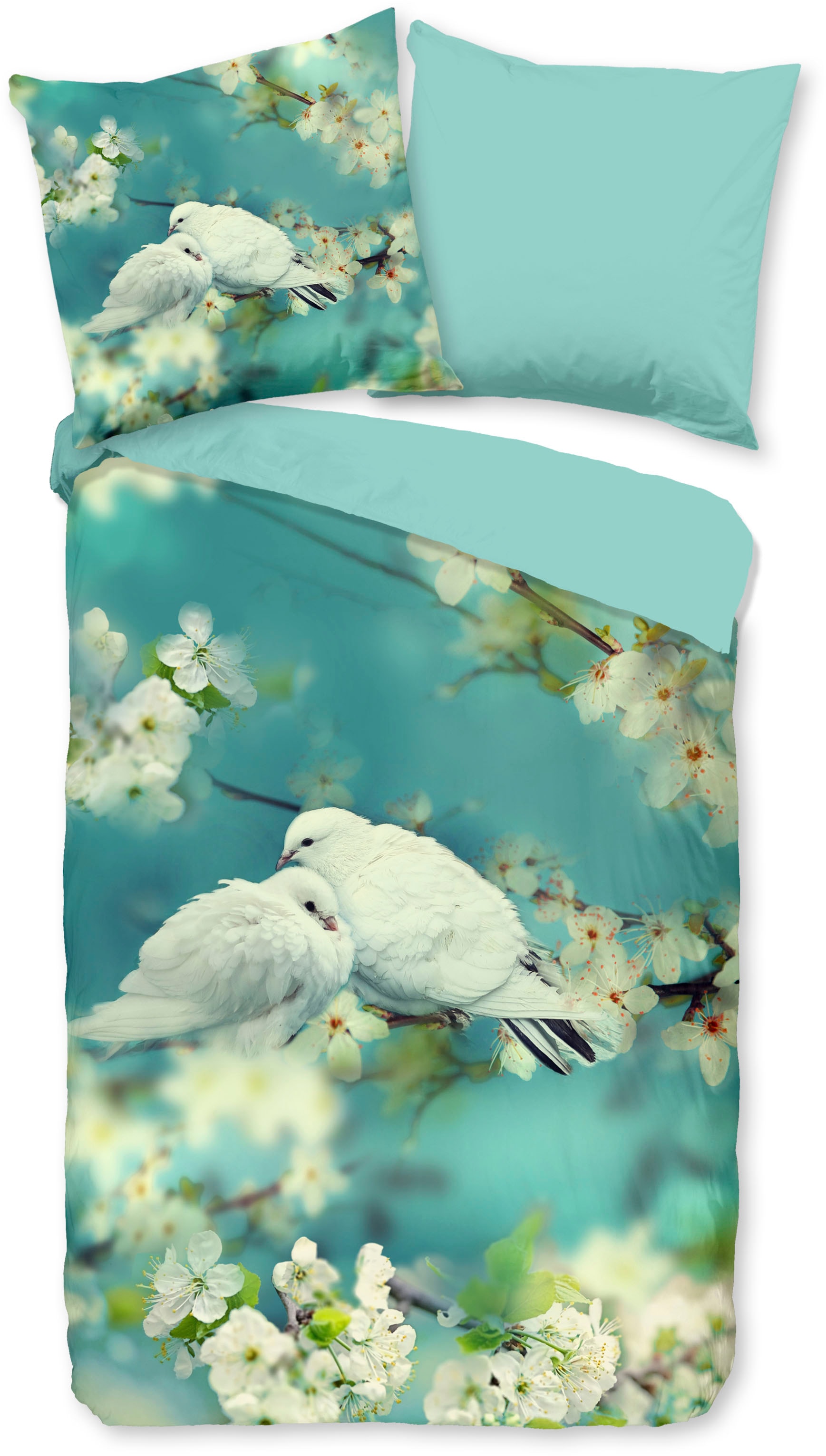 good morning Wendebettwäsche »Loving«, 100% Baumwolle, 135x200, Reißverschluss, Wendeoptik, Taube, Türkis