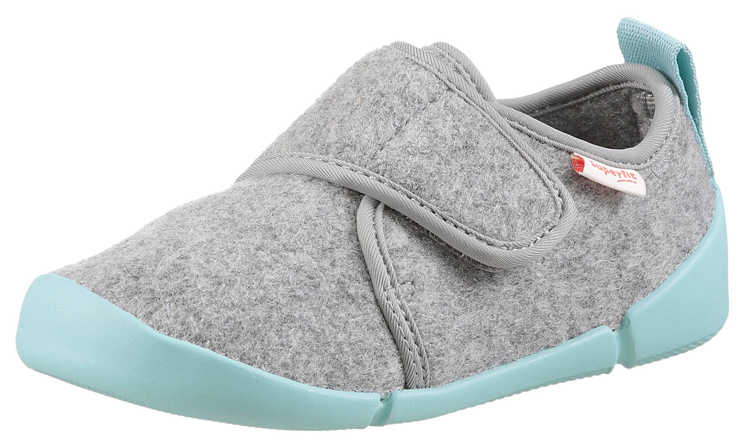 Hausschuh SUPERFIT "VENTI WMS: Weit", Mädchen, Gr. 30, hellgrau, mint, Wolle, meliert, Schuhe Hausschuh, Kindergartenschuh mit Schurwolle, Größenschablone zum Download