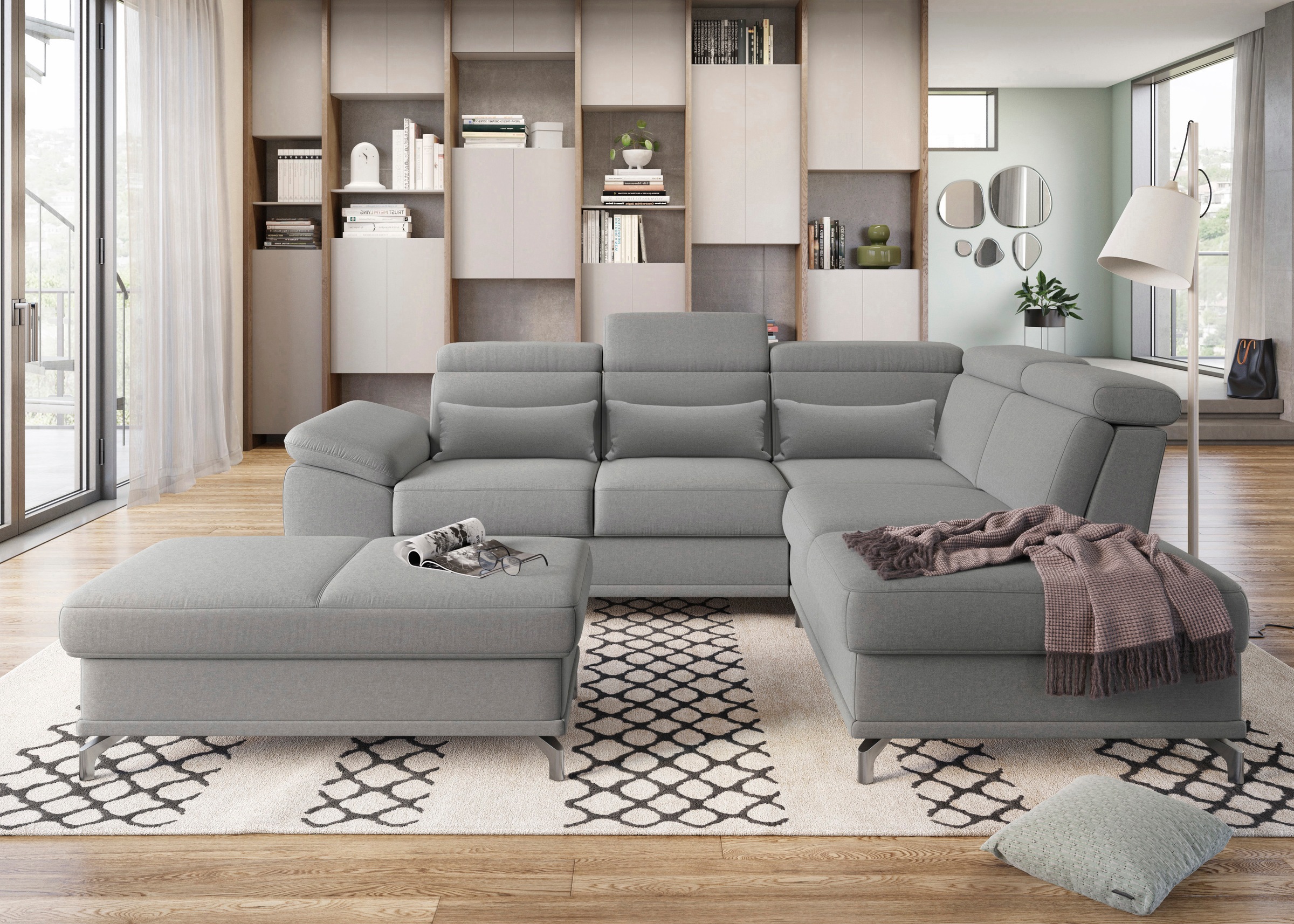 sit&more Ecksofa »Cabrio L-Form, mit Sitztiefenverstellung, Arm- und Kopfteilverstellung«, 3 Nierenkissen, Federkern, optional Bettfunktion und Stauraum