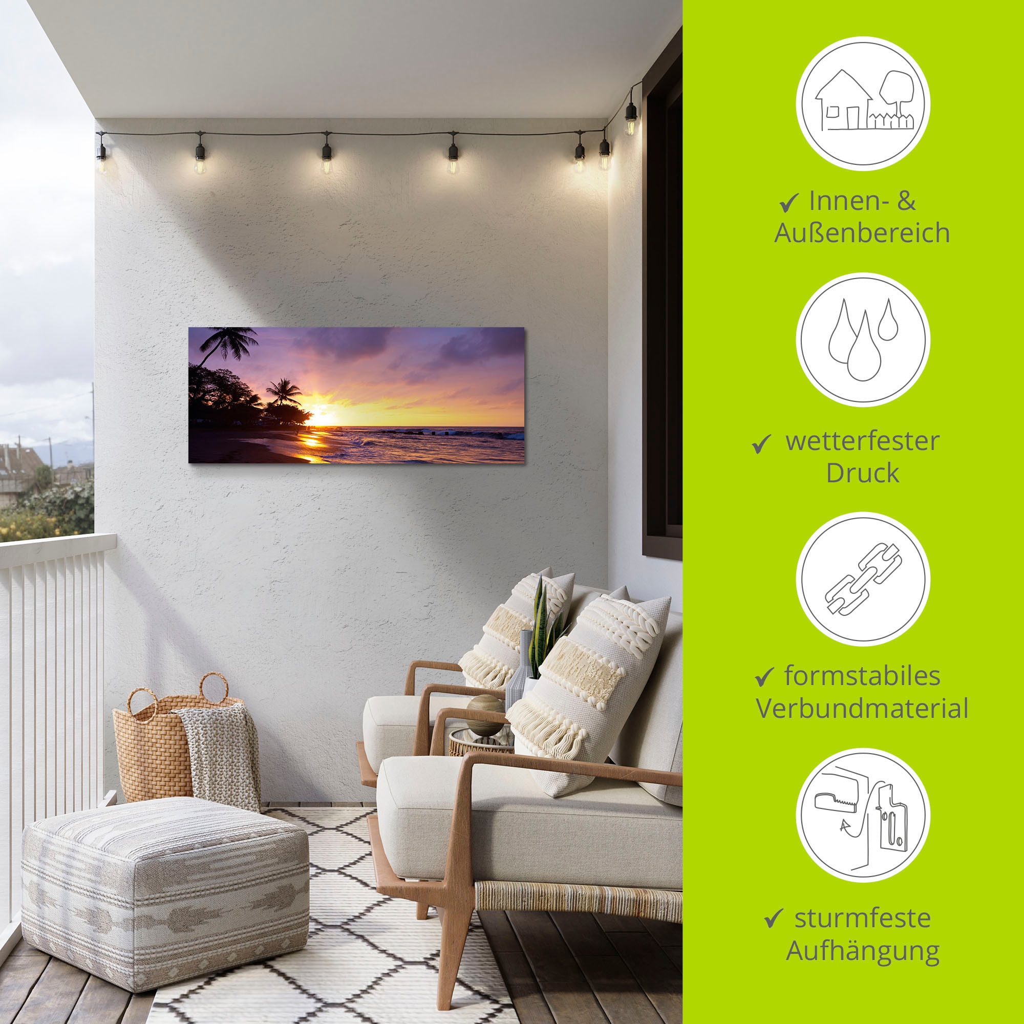 Artland Wandbild »Tropischer Strand«, Sonnenaufgang & -untergang, (1 St.), als Alubild, Outdoorbild, Leinwandbild, Poster, Wandaufkleber