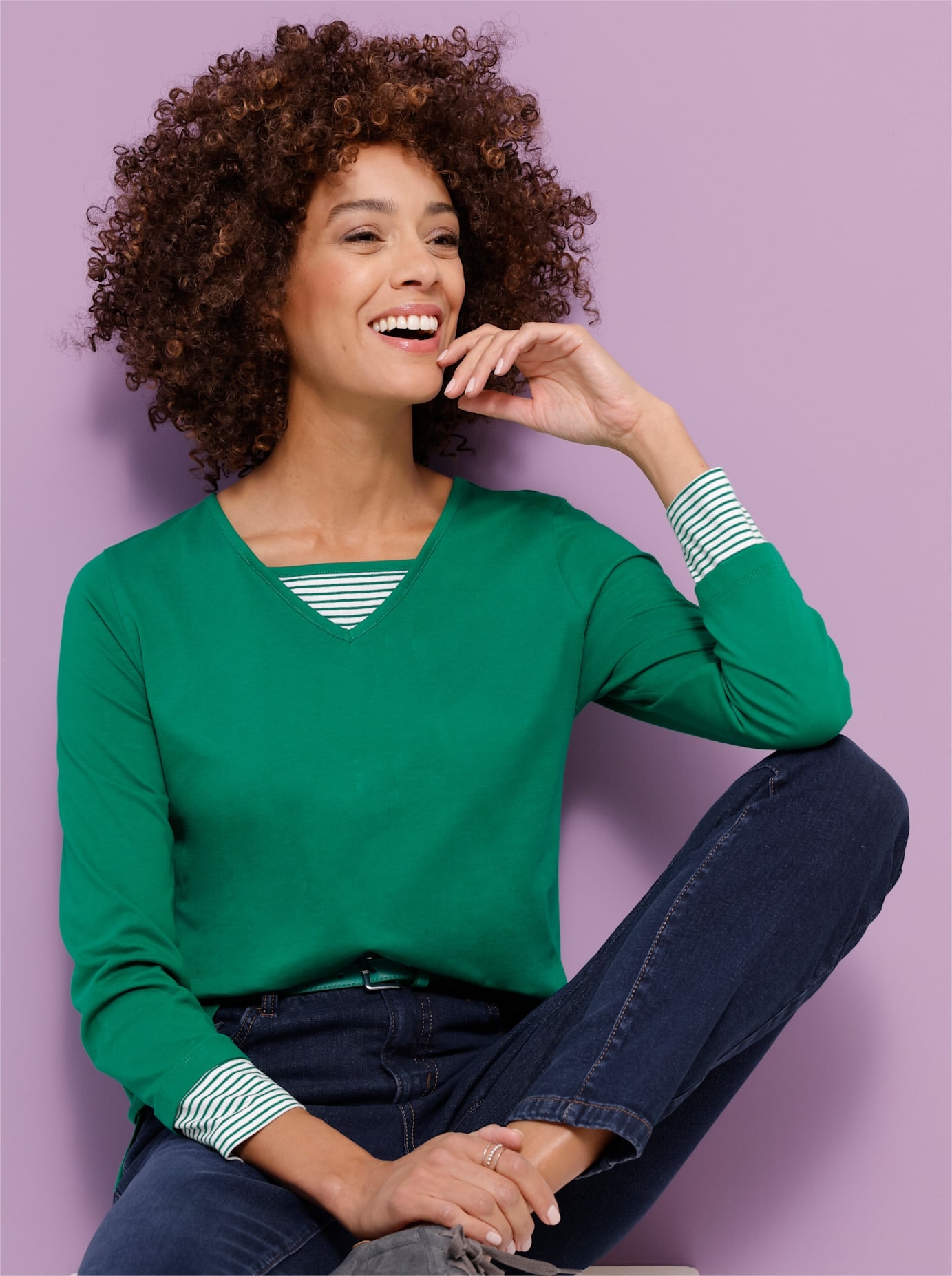 Langarmshirt CLASSIC BASICS "Shirt", Damen, Gr. 38, grün, 100% Baumwolle, gemustert, mehrfarbig, V-Ausschnitt, Shirts Langarmshirt