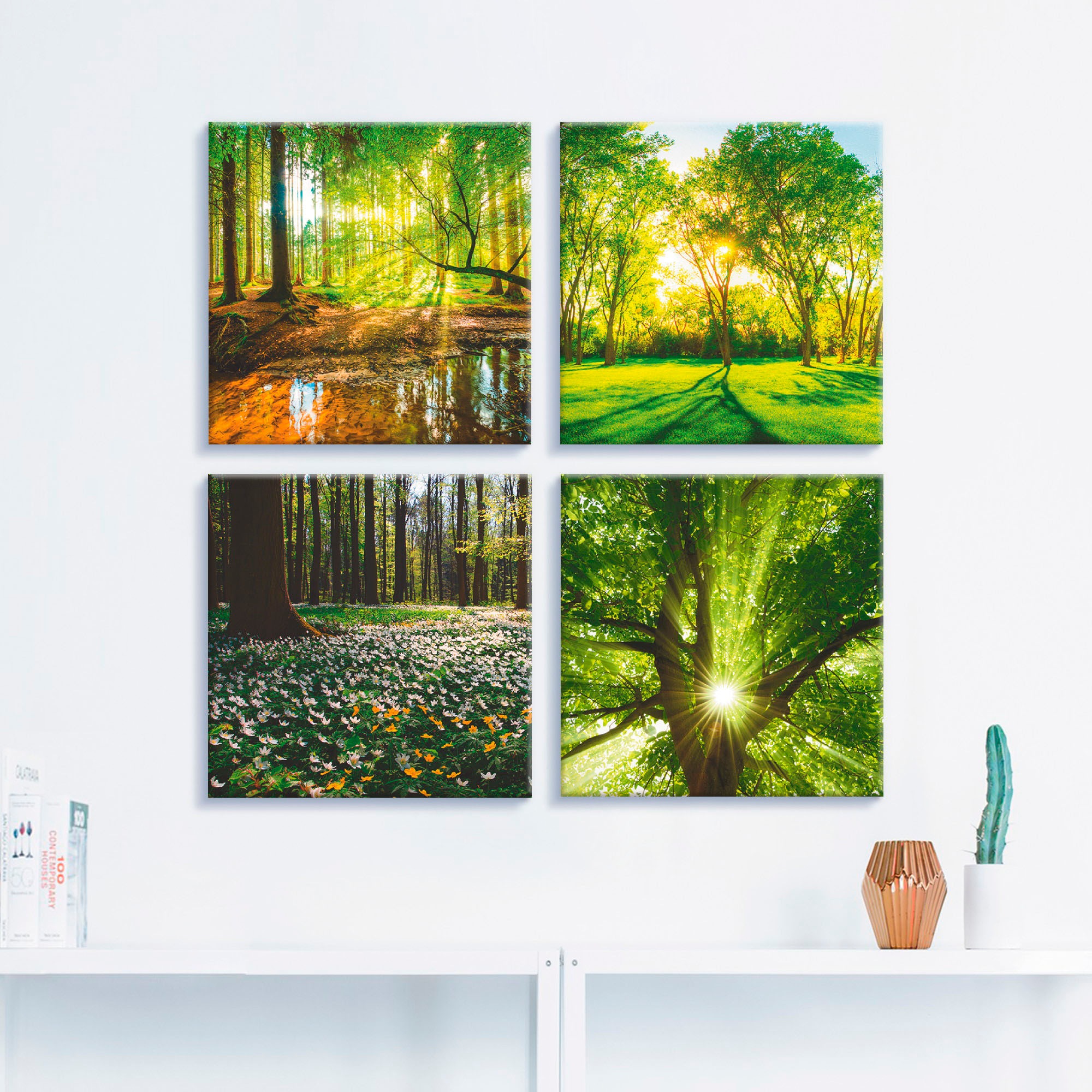 Artland Leinwandbild "Wald Bach Frühling Windrosen Sonne Baum" Wald 4 Stk. günstig online kaufen